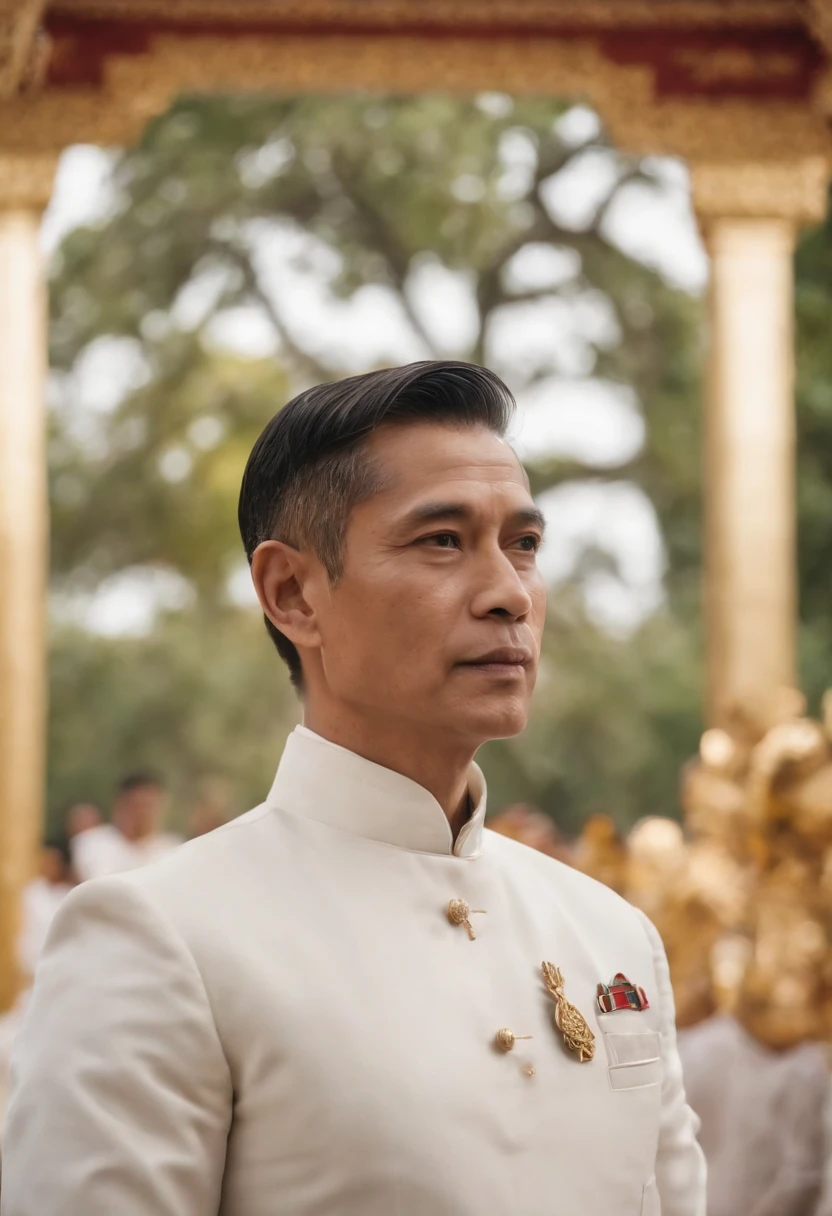 King Maha Vajiralongkorn of Thailand，Stand in front of a Thai-style temple，Next to him stood an elephant，The expression is serious，Under the Bodhi tree，dark stormy clouds