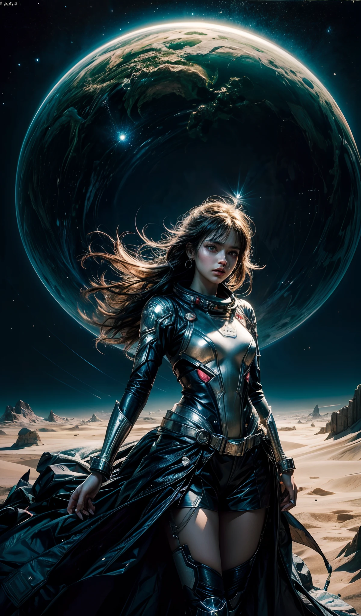 " corpo inteiro, tiro no meio, Centrado, arte conceitual, 1girl, vestindo traje de astronauta, obra-prima premiada, Rendered in anime style with an oil painting effect. (The vibrant illustration captures horror in a cosmic atmosphere. The wide photo of the desert location is shown in high definition and astonishing 64K resolution), Panoramic, ."