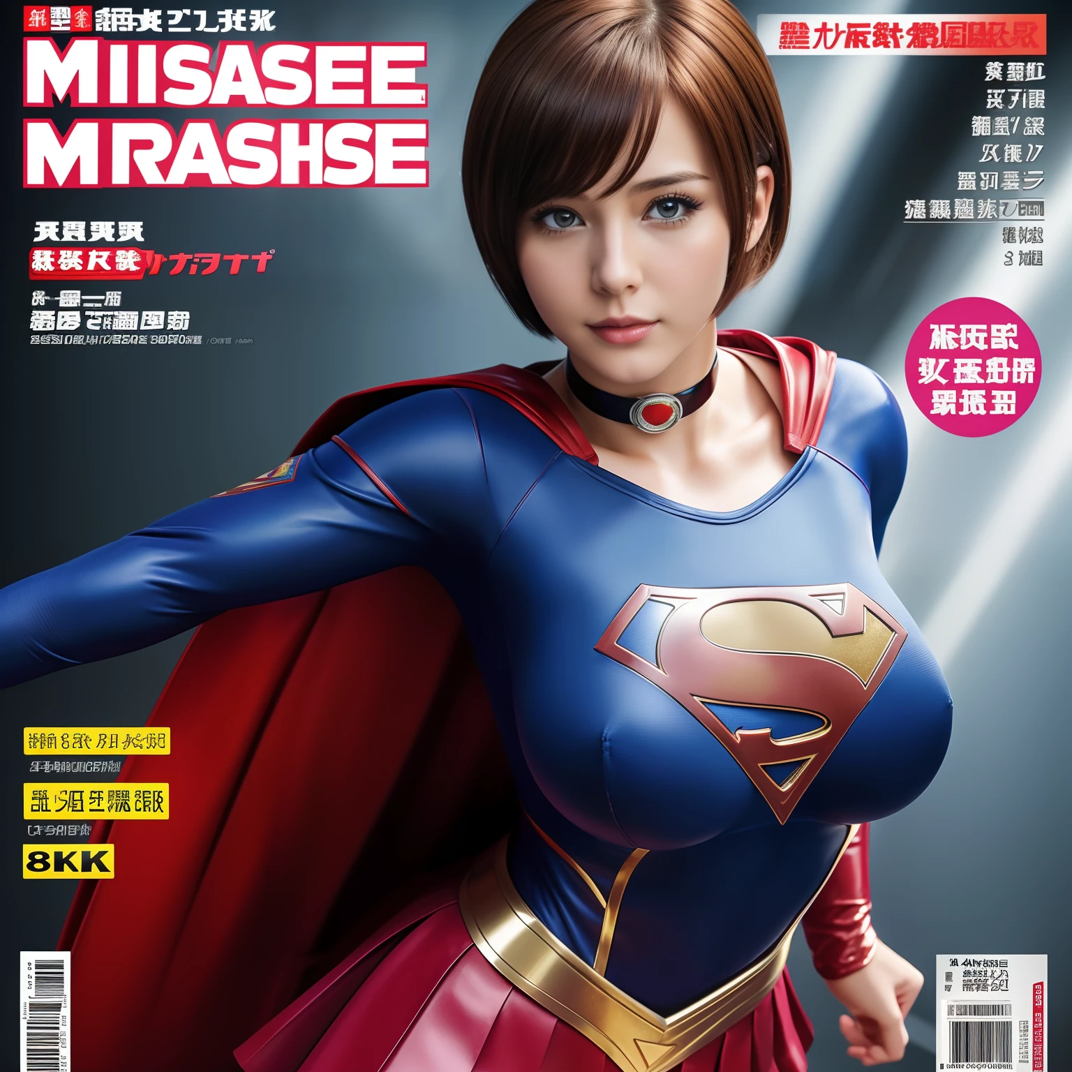 (Best Quality,4K,8K,hight resolution,masutepiece:1.2),Ultra-detailed,Realistic:1.37,Super masterpiece,Short-haired Supergirl、large full breasts、Looking at the camera、Glossy costume、a choker、Too short miniskirt、Weekly magazine cover、Powerful Pose、