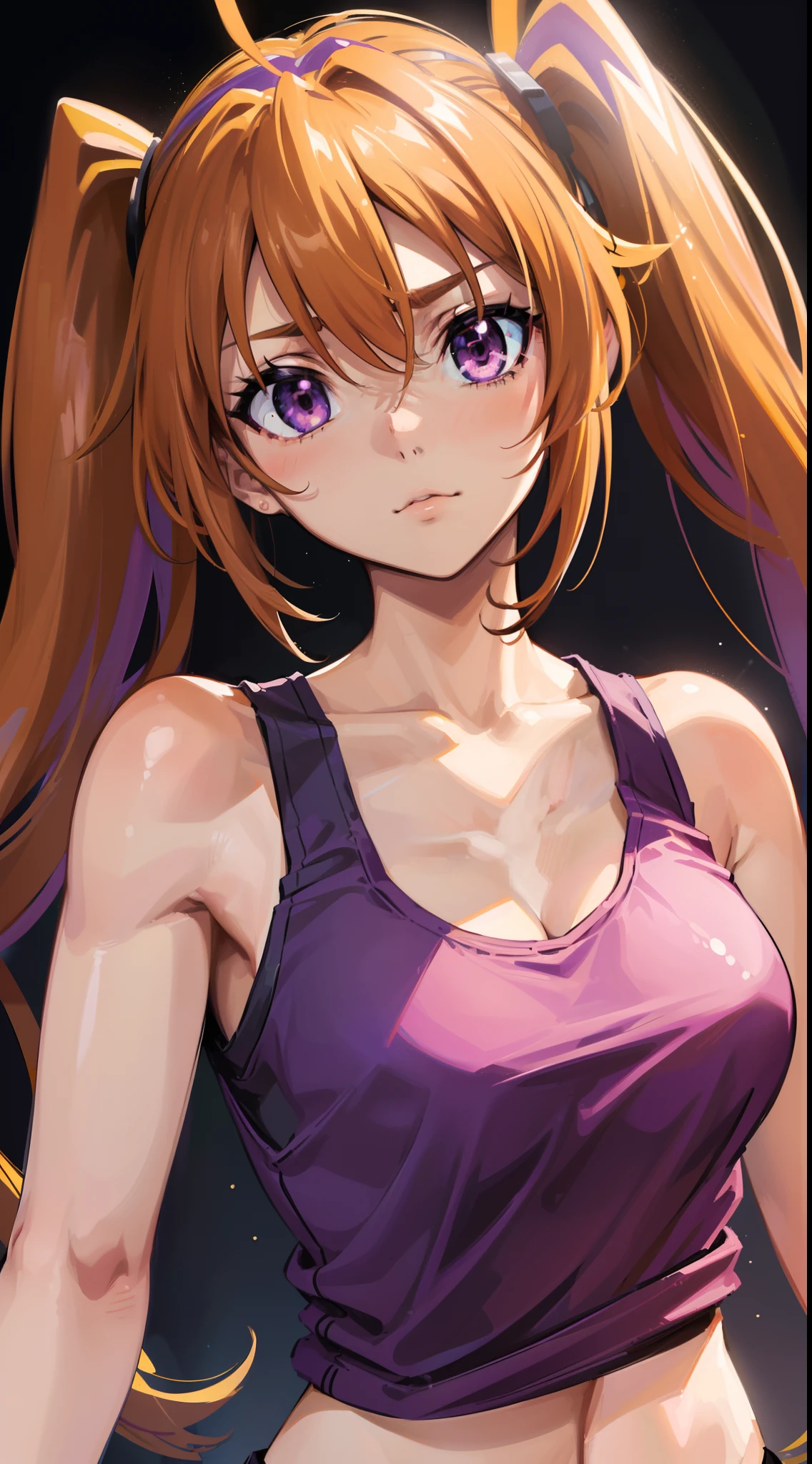 (best quality, master-piece:1.2), long brown hair, purple eyes, (ultra-detailed eyes), twintails, beautiful, Shidou Irina, medium breasts, standing, (((upper body))), (((tank top))), ((close-up)), perfect anatomy, (sleeveless), (healthy skin), cinematic lighting, detailed face, expressive face.