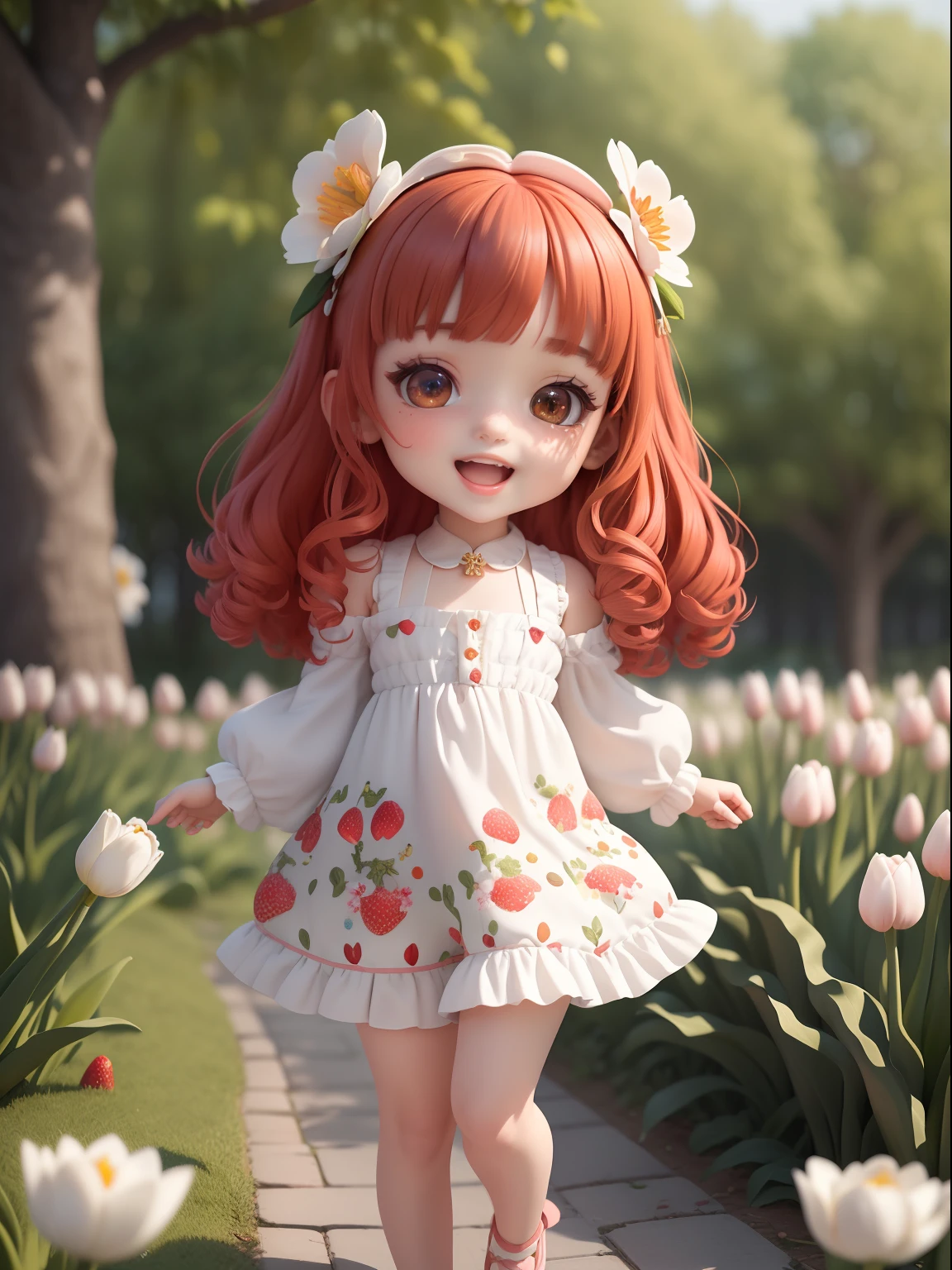 (masterpiece),(best quality),(ultra-detailed), (full body:1.2), 1girl,chibi,cute, smile, open mouth, white tulip flowers, outdoors, blush, tree, :3, short curly red hair, blurry, red hair, long sleeves, bangs, strawberry print dress , strawberry earrings, (beautiful detailed face), (beautiful detailed grey eyes),
(beautiful detailed face), (beautiful detailed eyes)