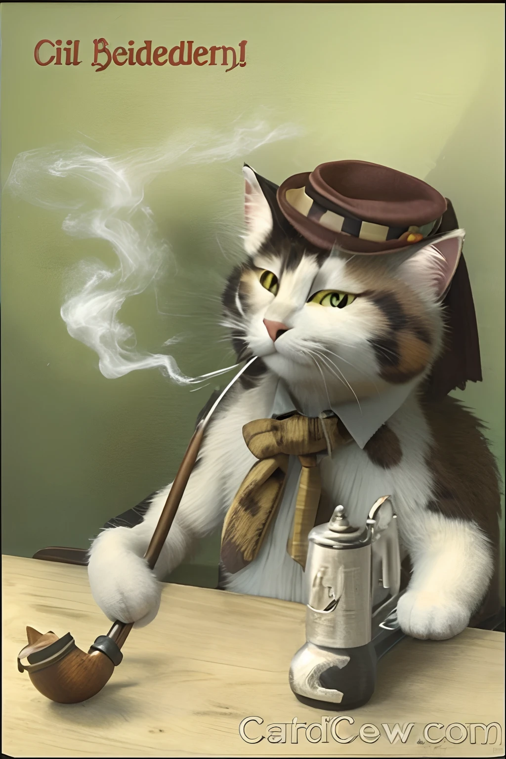 Corncob pipe smoking cat, wearing a tie, 24k resolution