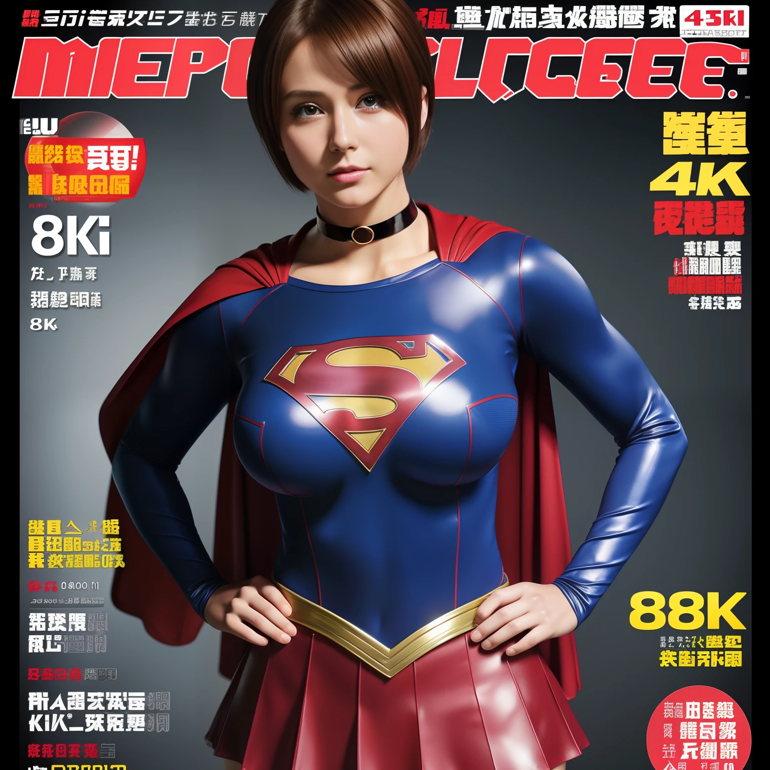 masterpiece、supergirl costume、Weekly magazine cover、barefoot、short hair、big and full breasts、human experiment subjects、Crisis situation、Research room、Experimental facility、Research room、research facility、graduate school、choker、long sleeve、red mini skirt、looking at camera、Sweat、Sweatまみれ、model body shape、from right in front、realistic、
