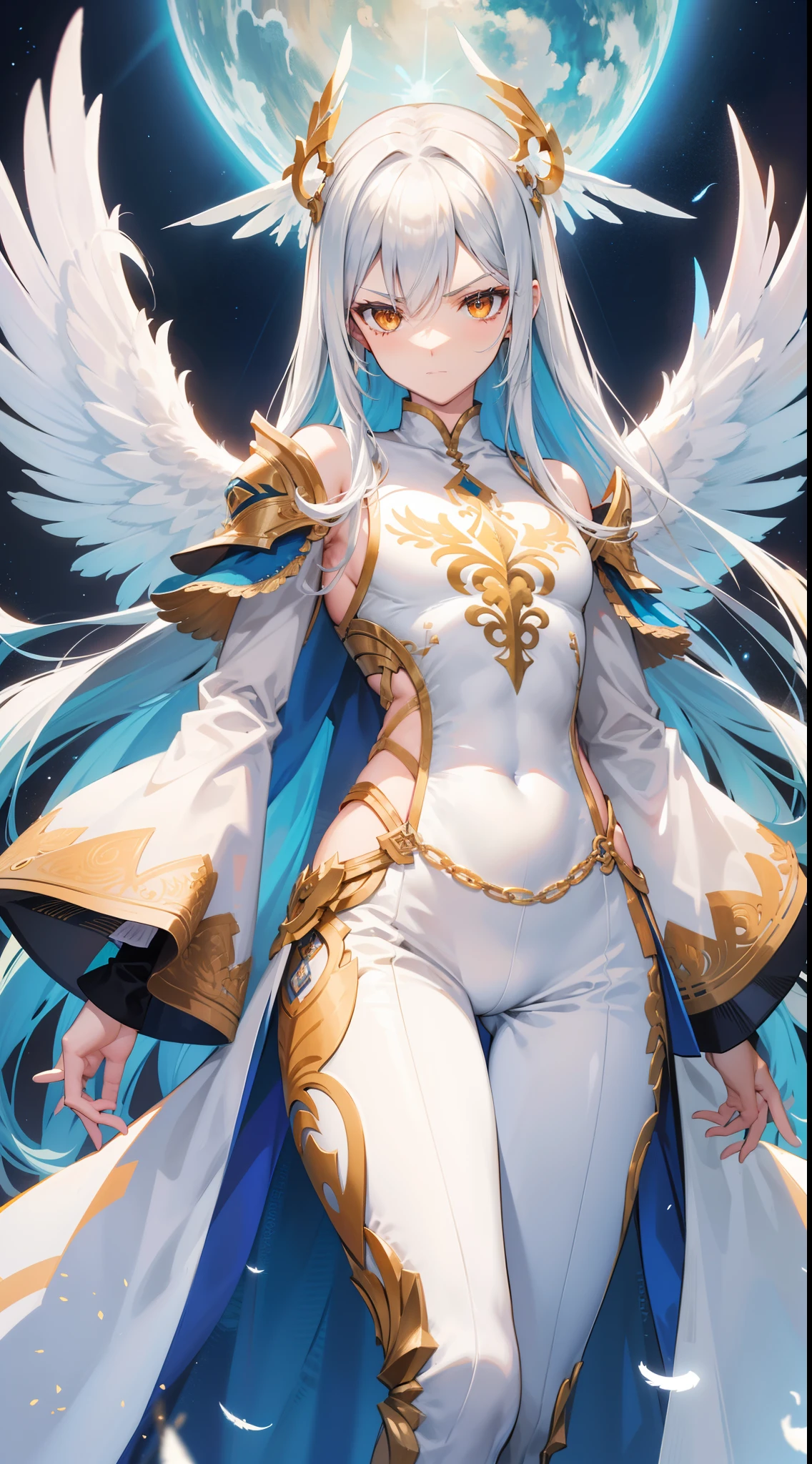 Tall guy, Long silver hair, Orange Eyes, white tight top, Blue Pants, Gold Elements, feathers, one wing, anger, 4k, HD, Good detail