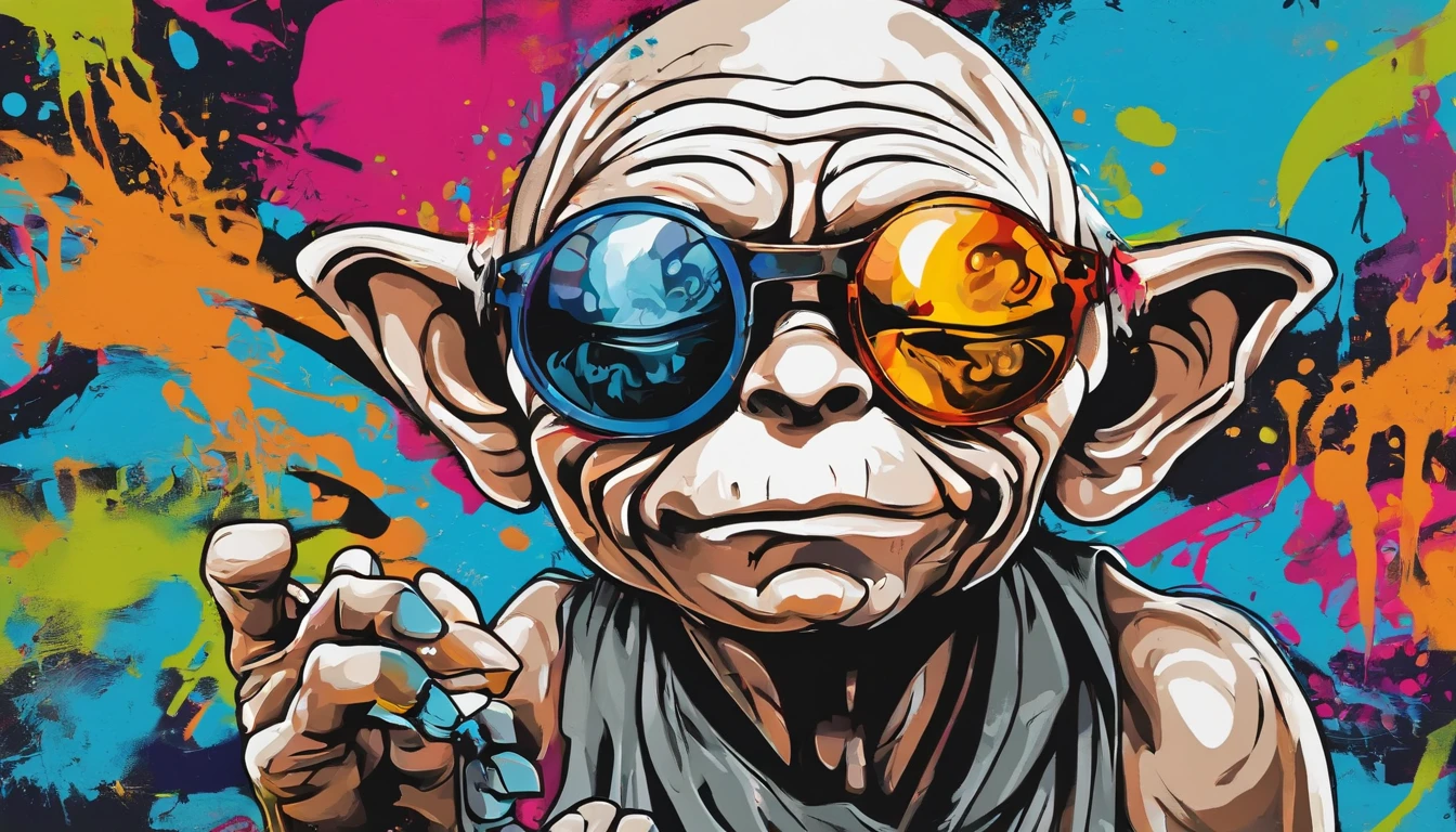 Gollum wearing sunglasses, graffiti art
