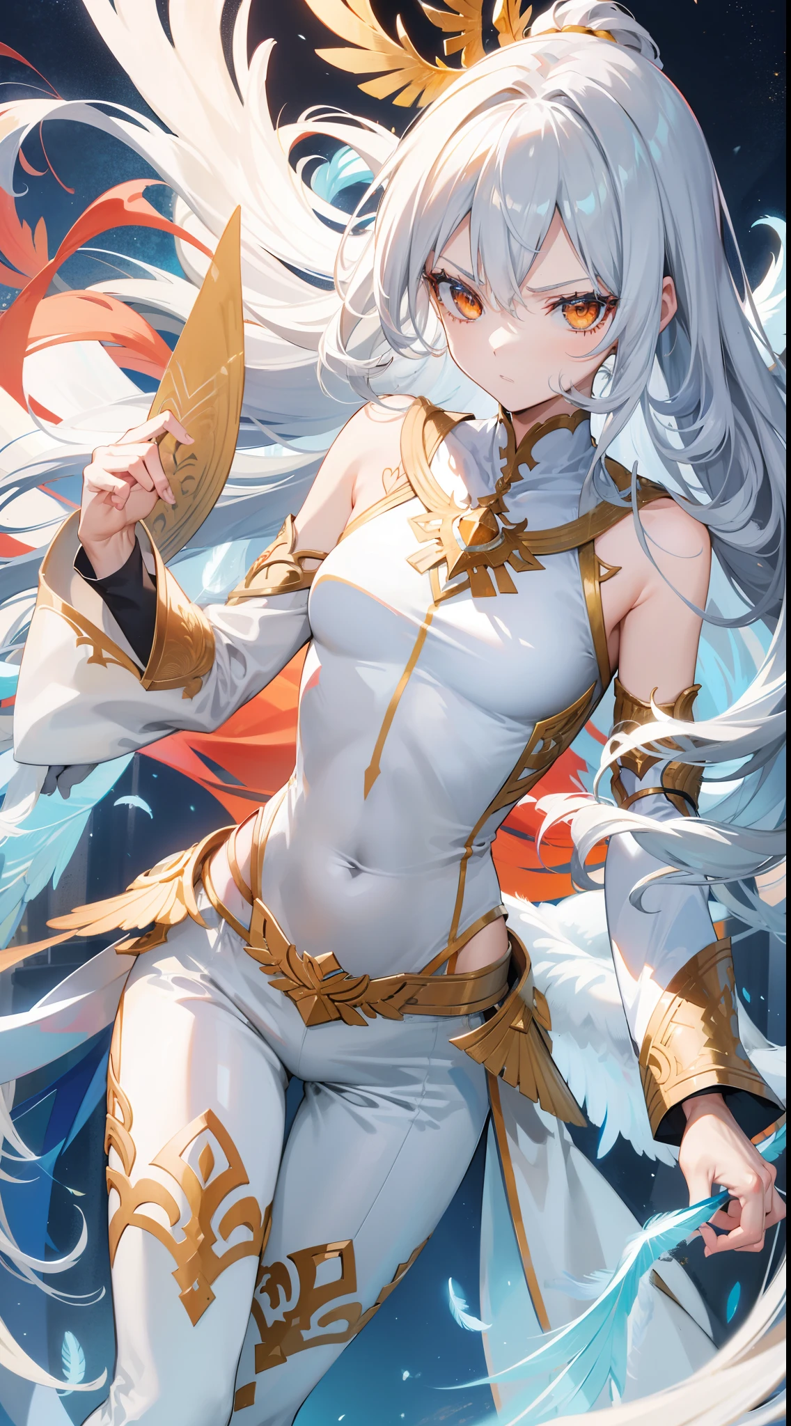 masterpiece, highres, soldier,white cape, bodysuit, laurel wreath, elementals, two-tone hair,