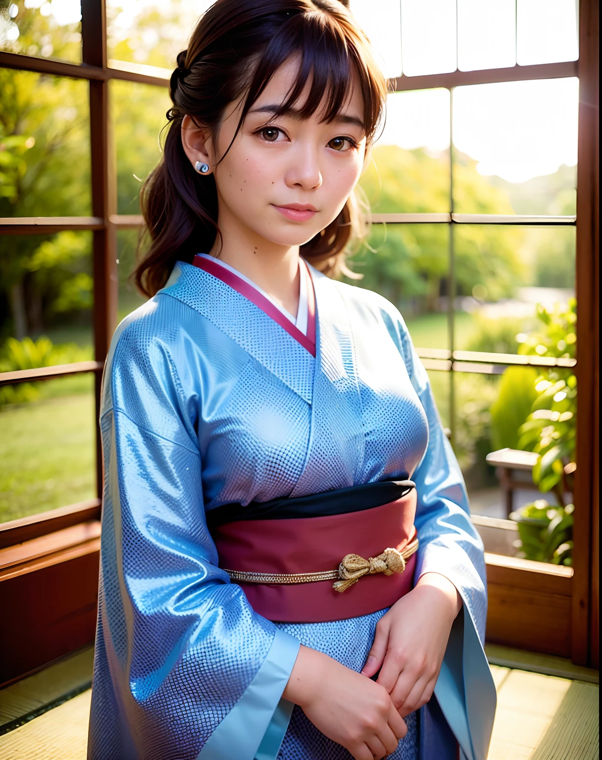 Best Quality, 超A high resolution, (Photorealistic:1.4), Raw photo, (upper waist:1.4), (Bokeh:1.7),(Window light only:1.6), (in bright japanese-style room:1.5),(Bright:1.5)
1日本人の女の子, (Solo), (Smile:1.2,Open mouth:0.7), (dark brown eyes), Natural Skin, (brown updo hair,Bangs),Standing
(blue silk kimono),(Obi)