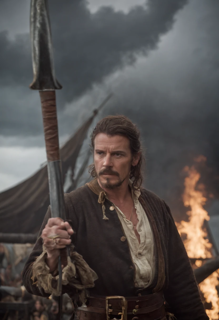 Captain Jack, played by John Nedup,Stand at the bow of the pirate ship,Wielding a giant sword,Painful expression,In the square,dark stormy clouds