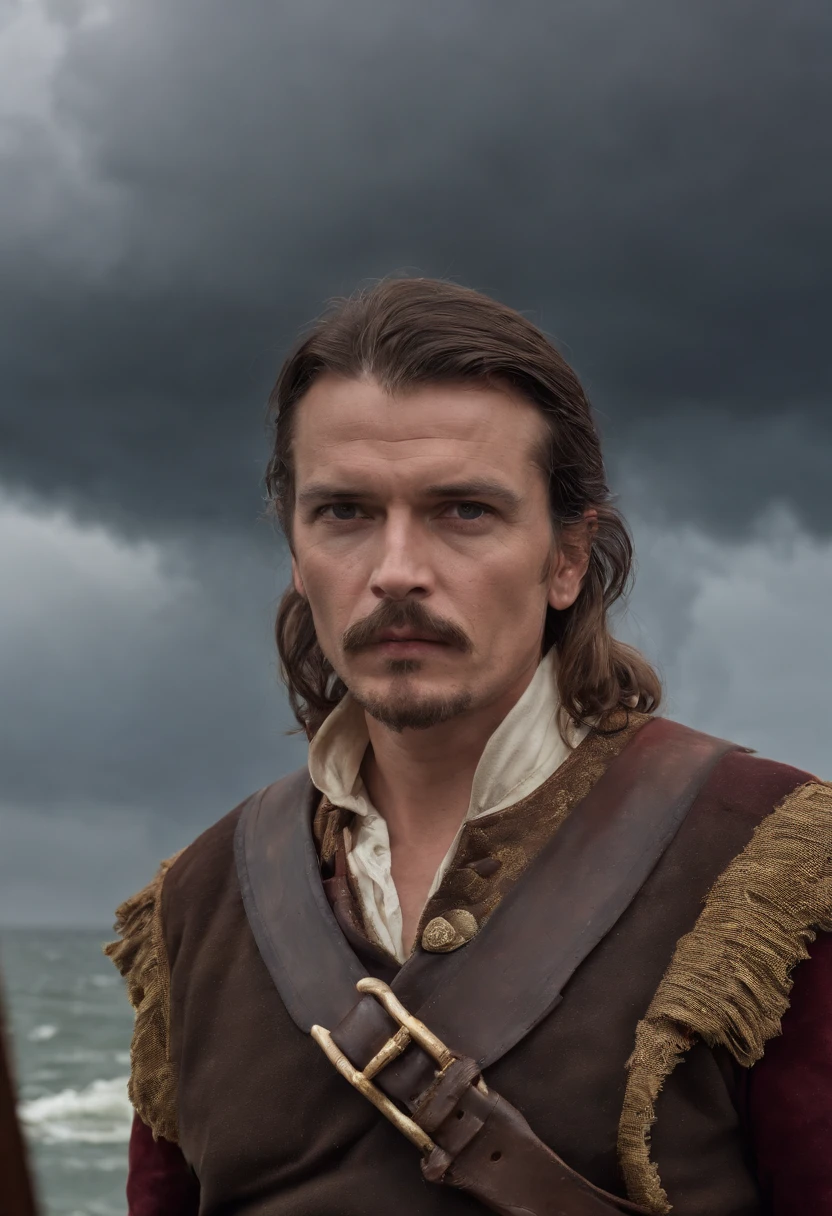 Captain Jack, played by John Nedup,Stand at the bow of the pirate ship,Wielding a giant sword,Painful expression,In the square,dark stormy clouds