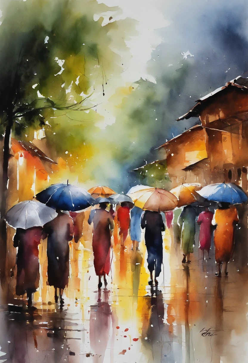 A night market from MYANMAR, RAINING SEASON, color full big umbrellas of night market, people are selling and buying, masterpiece water color art
