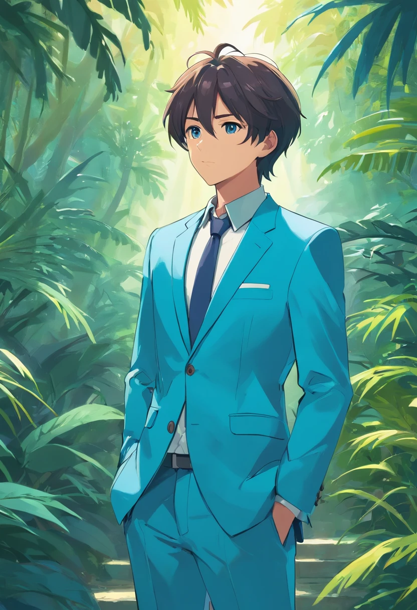 Man of $3000 pastel blue suits In jungle paradise, raw, 8K, nffsw, Candid, amateur, close up, ((I thought he made a big mistake))