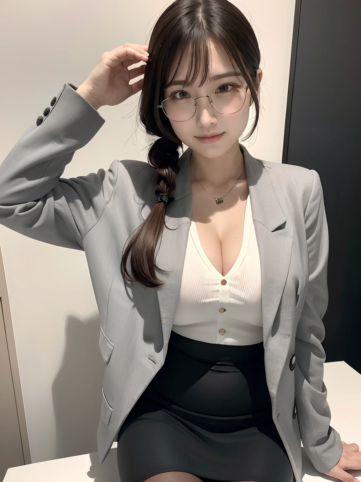 (4 k、top-quality)、(realisitic、Photorealsitic)、(Yakian)、
1girl in、独奏、fullllbody、(face to the viewer)、
perfect hand、up looking_で_the viewer、
whiteshirt、
in a house、Daytime、Company Office、finerly detailed face、square glasses、Slightly chubby、The best smile、Wearing a white box cutter shirt and a gray jacket with open chest、Light brown ponytail hair,(huge-breasted, cleavage:1.2),(Wearing a gray tight skirt:,Black Pantyhose 1.3), (Cameltoe),35 year old、Nogizaka Idol、actress、Korean Idol、hposing Gravure Idol,place one's arms behind one's back,raise both arm,(Aside)