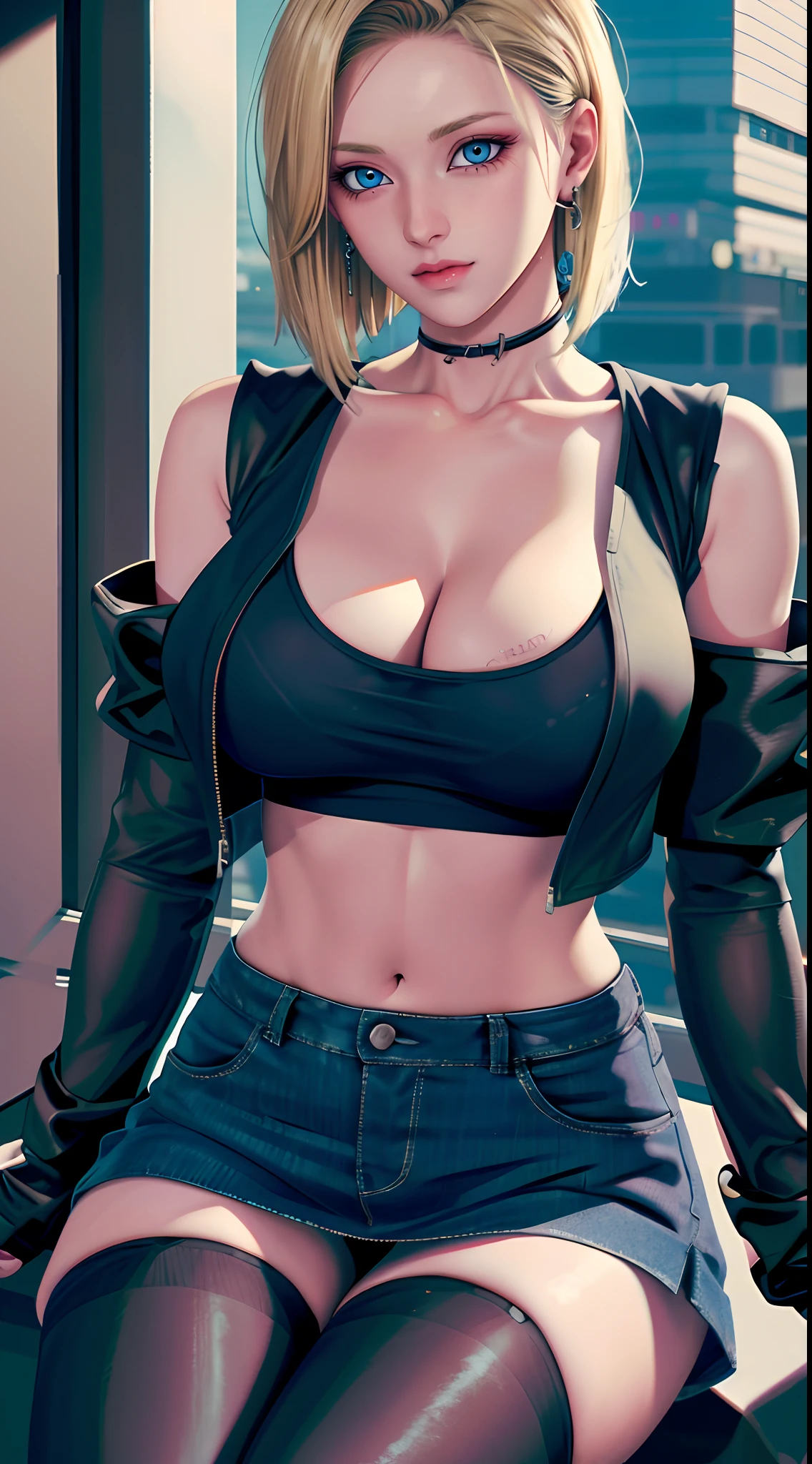 and 18, 1girll, Android 18, 独奏,Android 18 database, (((blond hairbl, eBlue eyes, short detailed hair,耳Nipple Ring, jewely, laughingly,self-assured))),((Masterpiece)),A high resolution, ((Best quality)),tmasterpiece,top-quality,best qualityer,((( looking at viewert, There is light in the eyes)))