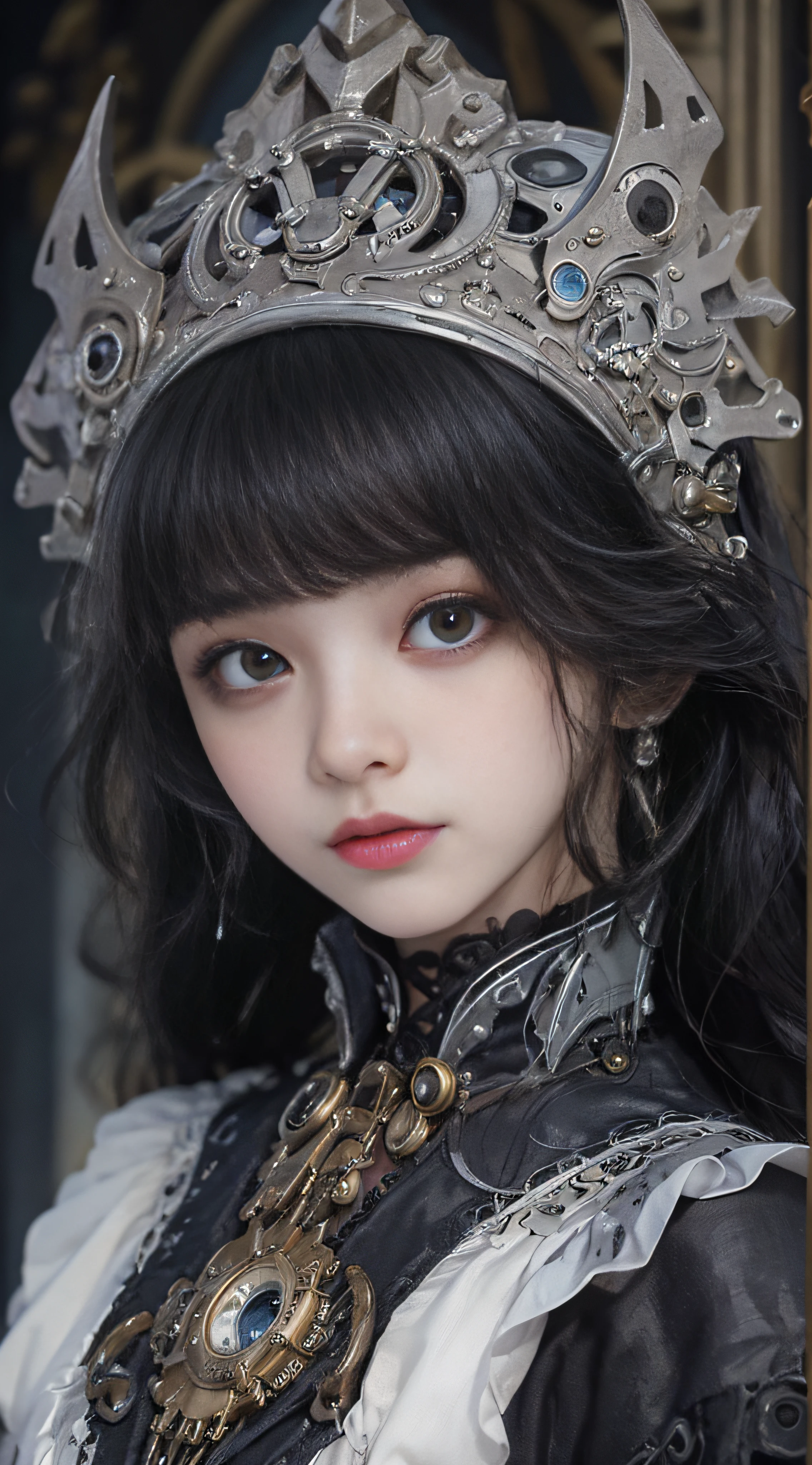 (((Masterpiece, top quality, ultra-detailed))), (((1 Infinity Mage Girl))), 14 years old, (((very detailed face))), small thin nose, small thin-lipped mouth, (((very sharp focused eyes))), very large slit precision pale grey eyes, sparkling like jewels. Very long eyelashes, long black hair in black vertical curls, with fringes, ((Steampunk fashion, Gothic Lolita fashion))
