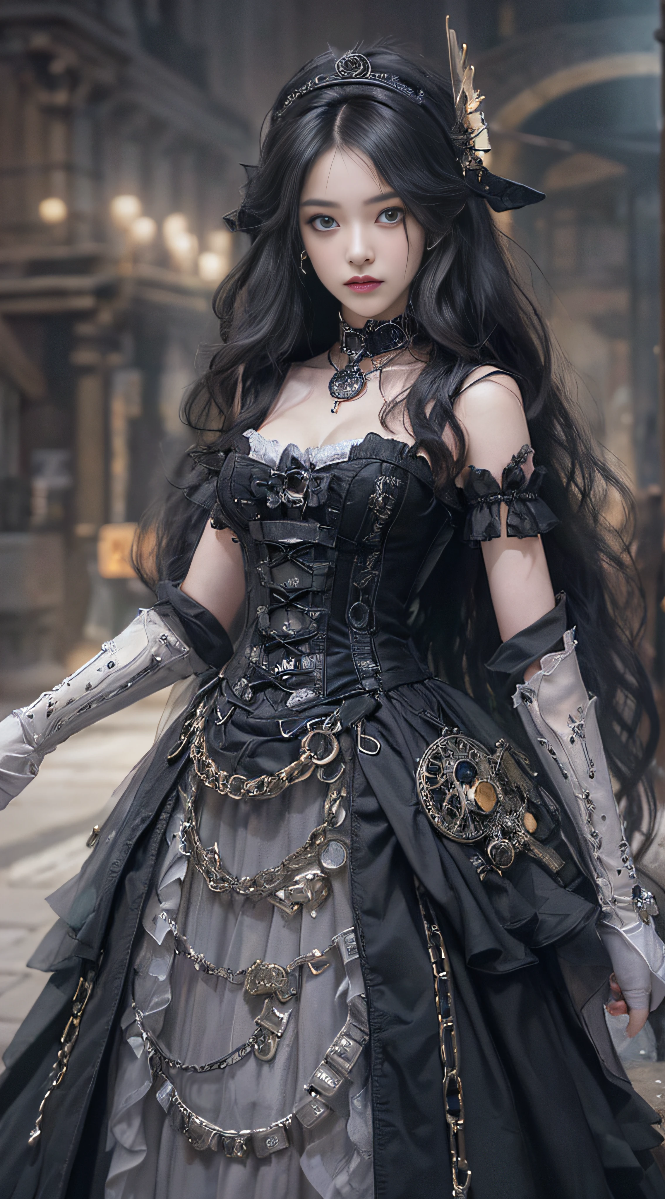 (((Masterpiece, top quality, ultra-detailed))), (((1 Infinity Mage Girl))), , (((very detailed face))), small thin nose, small thin-lipped mouth, (((very sharp focused eyes))), very large slit precision pale grey eyes, sparkling like jewels. Very long eyelashes, long black hair in black vertical curls, with fringes, ((Steampunk fashion, Gothic Lolita fashion))