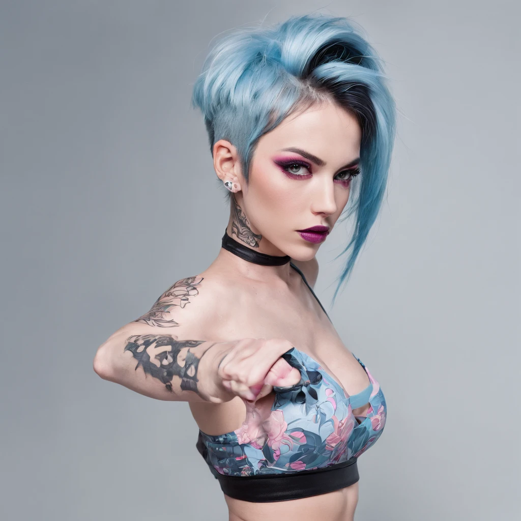 Detailed, Masterpiece, Fist Fighter ,Beautiful girl, Muscular, Cleavage, Abs, (tattoo sleeves), big breasts, light blue (emo_hairstyle) with pink highlights, makeup, black lipstick, (solo), realistic, form fitting sports bra, hot pants