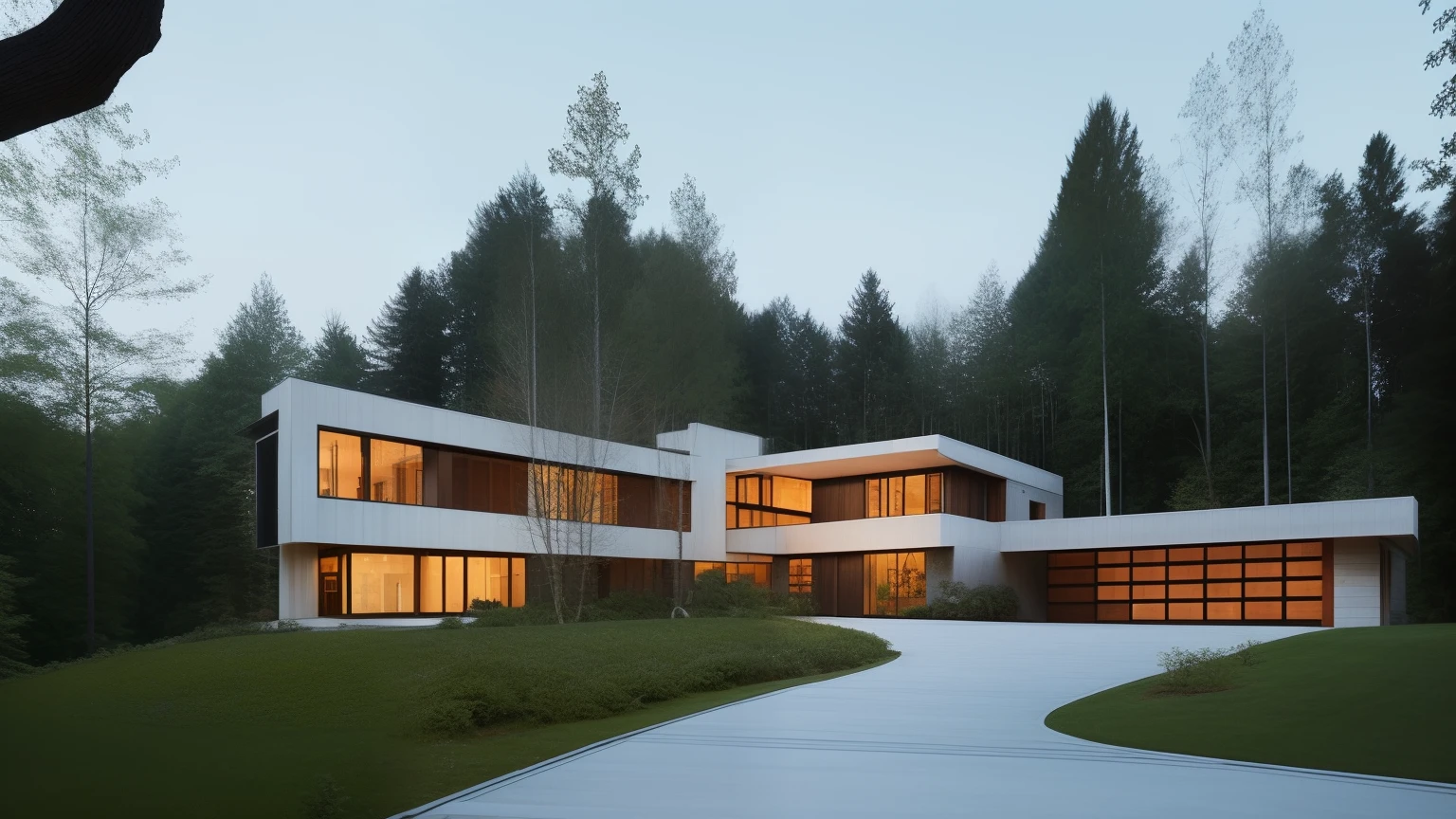 a large house with a driveway leading to a driveway, modern house in the wood, large modern residence, well-designed masterpiece, beautiful house on a forest path, house in forest, minimalistic house in the wood, large futuristic residence, house in the wood, modern house made of tree, contemporary architecture, the house in the forest, masterpiece', peaceful wooden mansion