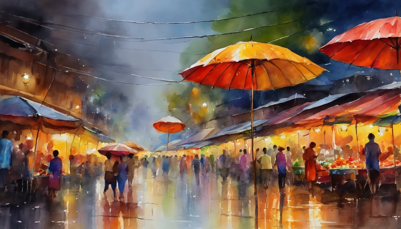 A night market from MYANMAR, RAINING SEASON, color full big umbrellas of night market, people are selling and buying, masterpiece water color art