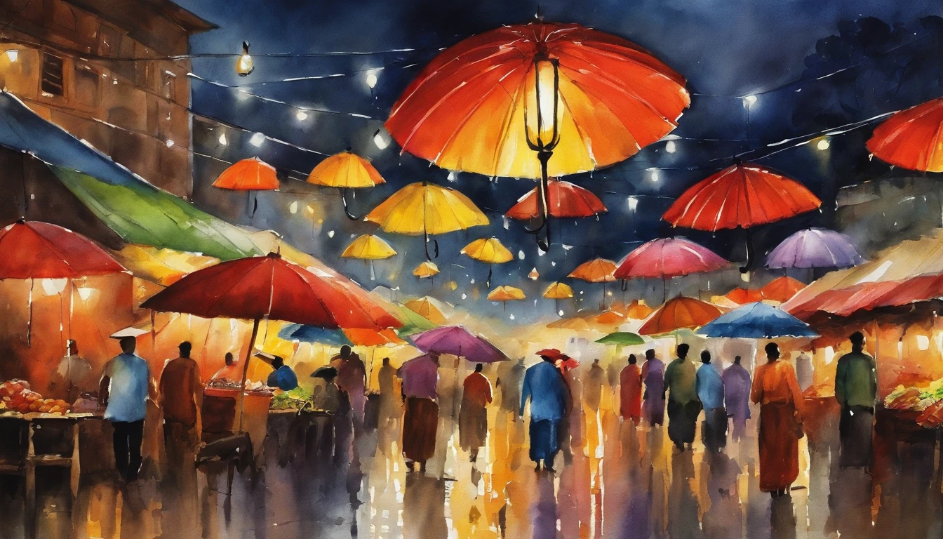 A night market from MYANMAR, RAINING SEASON, color full big umbrellas of night market, people are selling and buying, masterpiece water color art