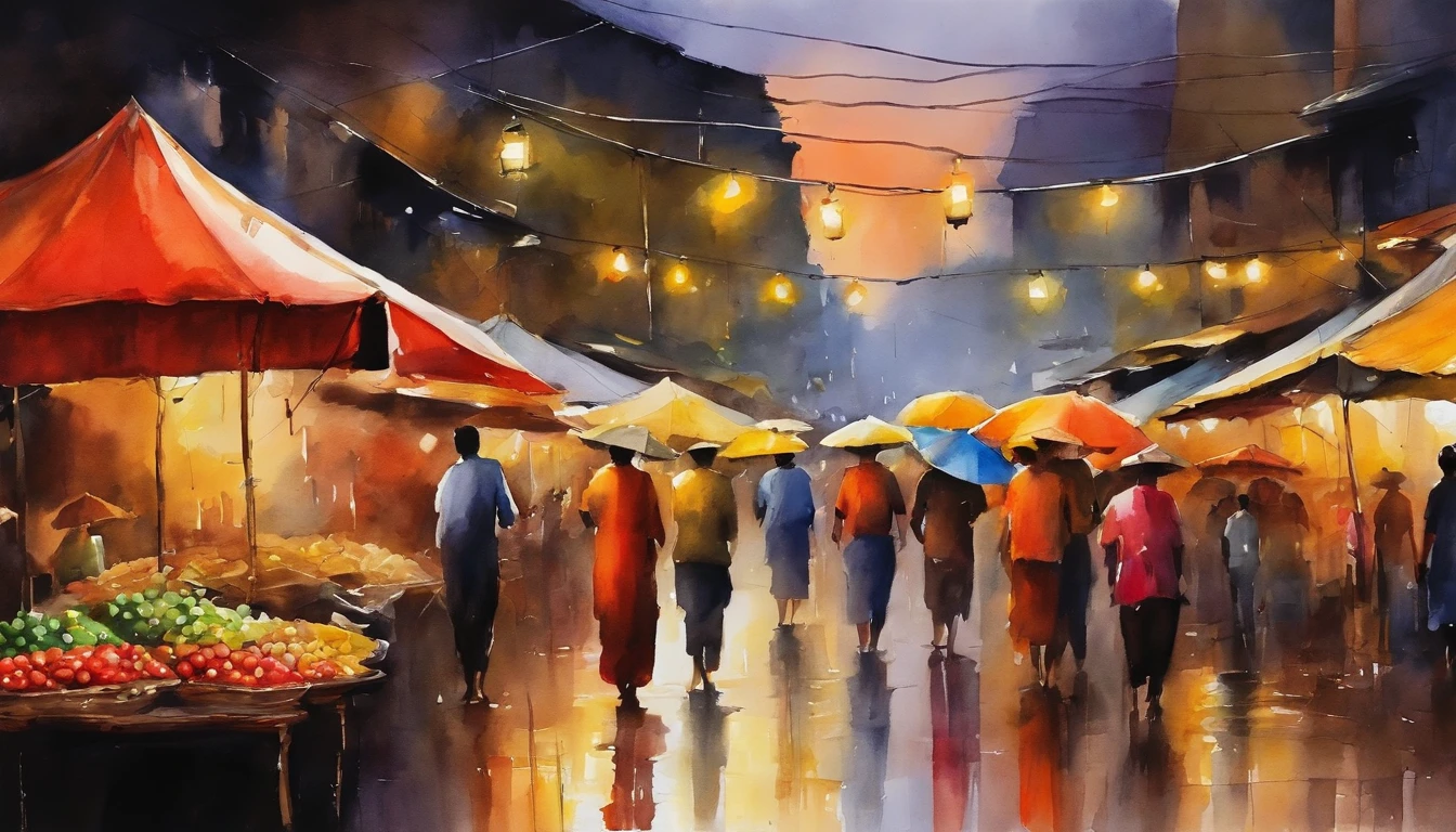 A night market from MYANMAR, RAINING SEASON, color full big umbrellas of night market, people are selling and buying, masterpiece water color art