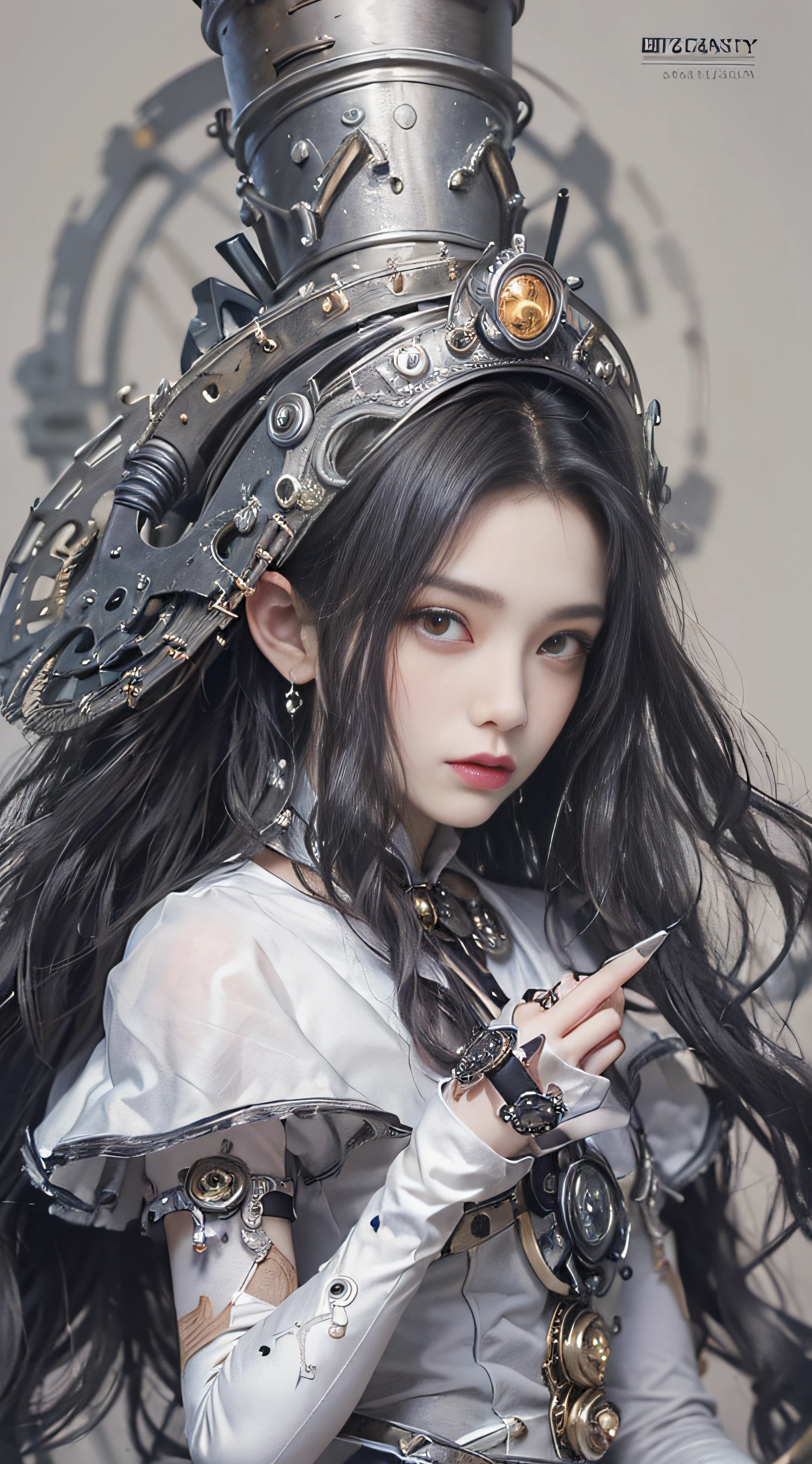 (((Masterpiece, top quality, ultra-detailed))), (((1 Infinity Mage Girl))), 14 years old, (((very detailed face))), small thin nose, small thin-lipped mouth, (((very sharp focused eyes))), very large slit precision pale grey eyes, sparkling like jewels. Very long eyelashes, long black hair in black vertical curls, with fringes, ((Steampunk fashion, Gothic Lolita fashion))