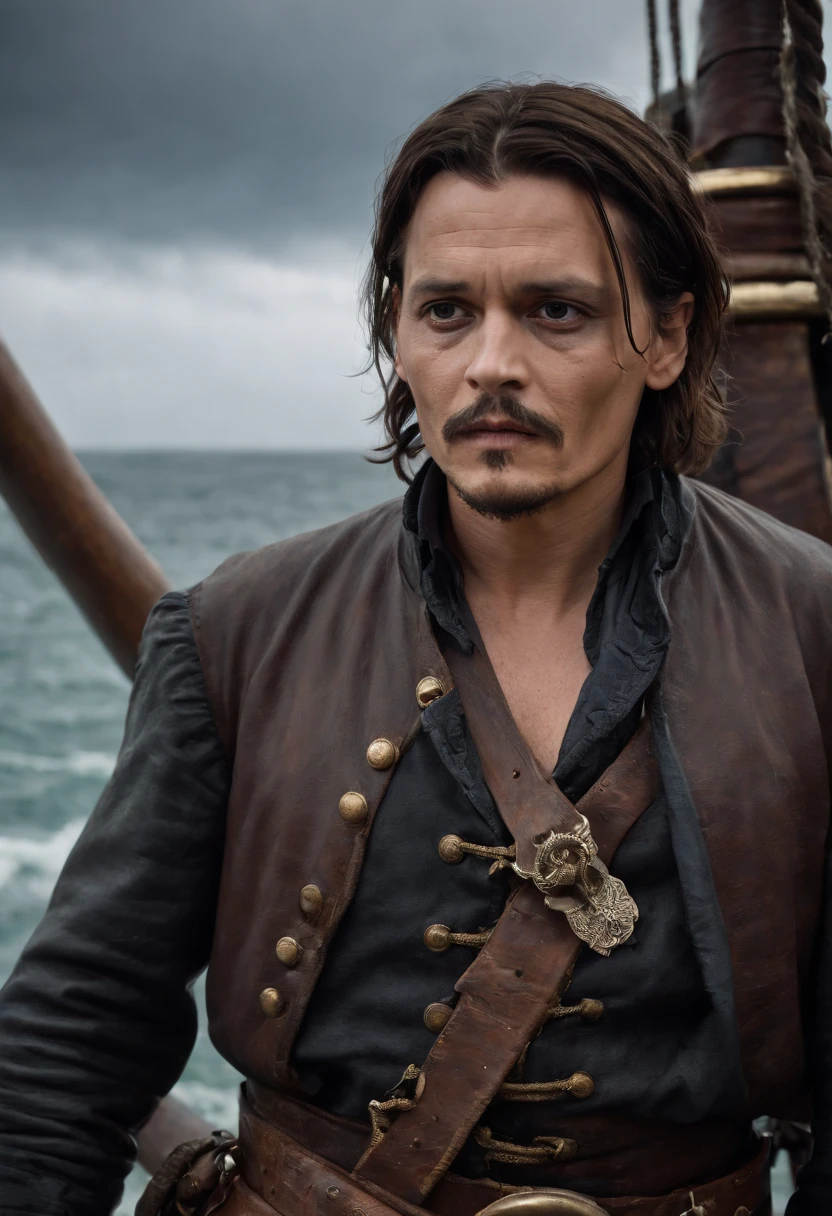Johnny Depp,Stand at the bow of the pirate ship,Wielding a giant sword,Painful expression,Heavy makeup,dark stormy clouds