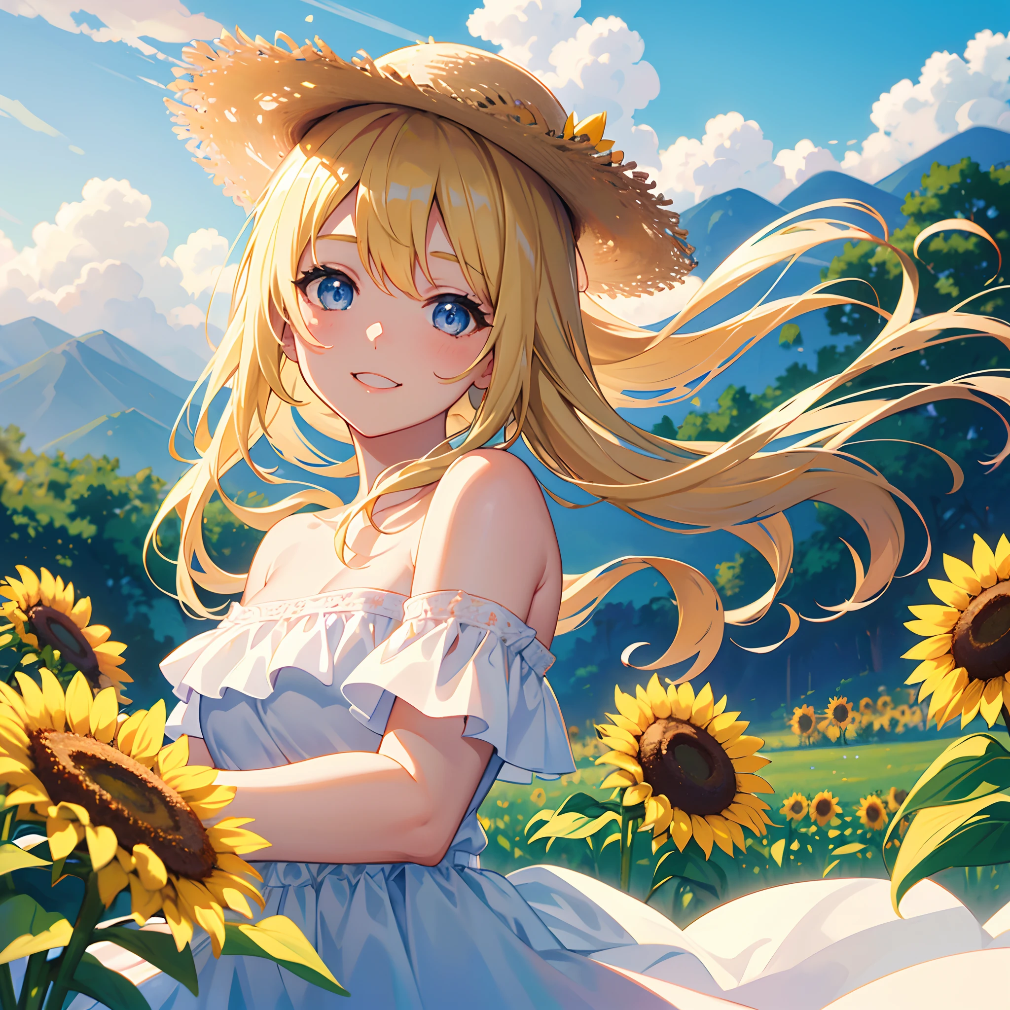 closeup portrait of girl in a plain white off-shoulder strapless sundress, flowing blonde hair, blue eyes, large straw hat, sunflowers, grass, windy, smiling, looking at camera, wink, trees, clouds, ribbons, mountains. masterpiece, pastel colors, kyoani style, high details