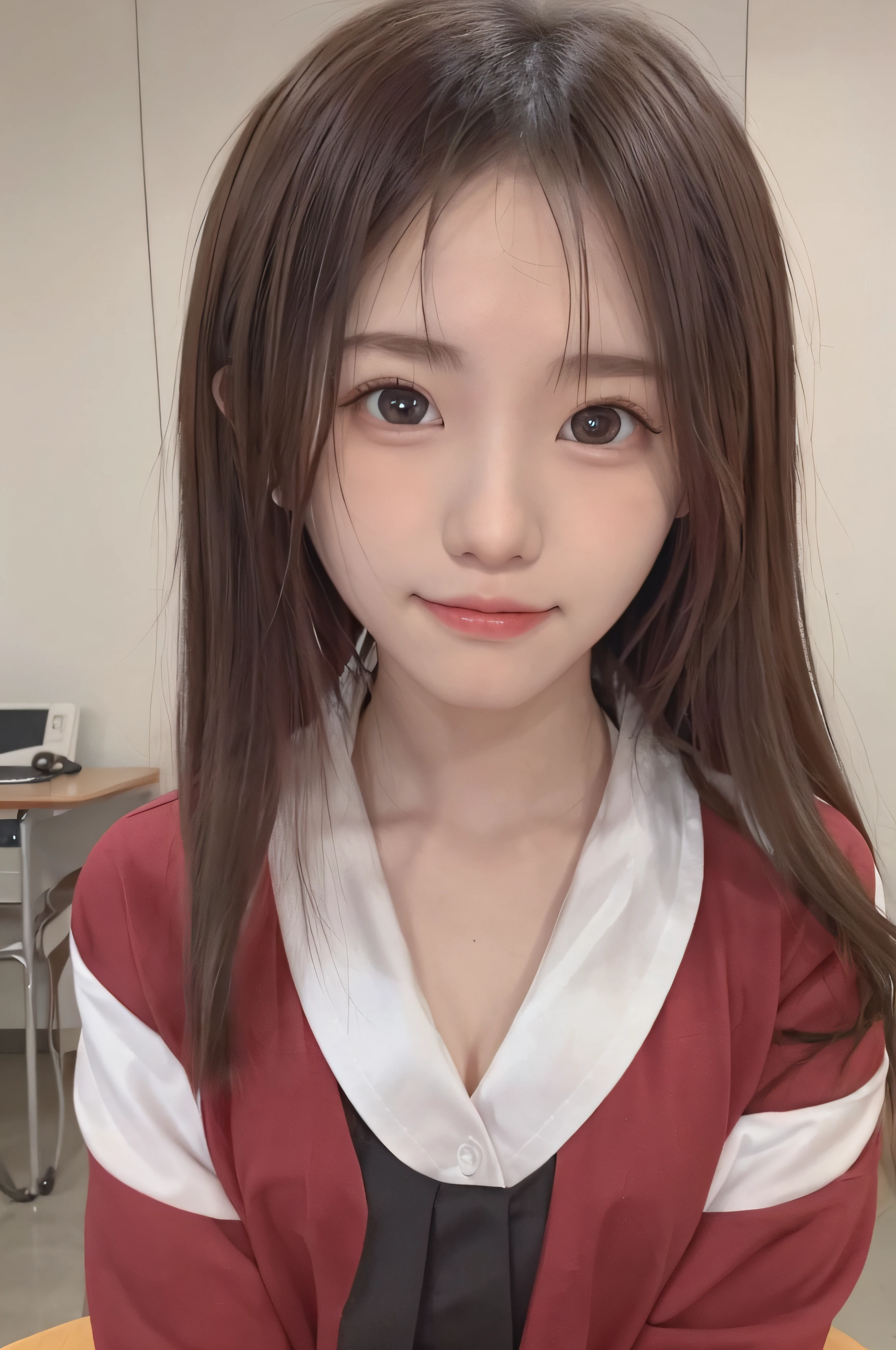 15yo student、brown haired、beautidful eyes、real looking skin、hi-school girl、small tits、(8K、masterpiece)、(reallistic、Photorealsitic)、top-quality、ighly detailed、The ultra-detailliert、Beautie、cute little、japanes、a smile、Close-up portrait、Healthy face、School uniform、plaid skirts