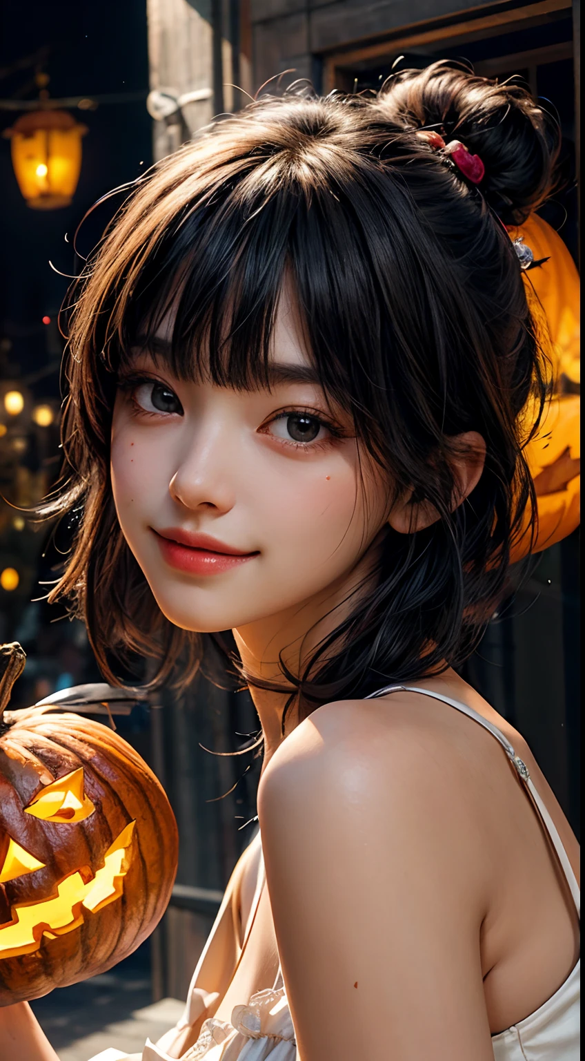 (masterpiece、top-quality、top-quality、Beautifully Aesthetic:1.2)、(((Girl in cute glowing jack lantern head)))、((I can't see the girl's face))、halloween night、ighly detailed、colourfull、highestdetailed, black short hair with bangs, black short hair with bangs, midshot, centered image, ultra detail, extremely face detail, extremely eye detail, pretty smile, gorgeous