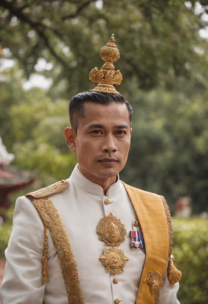 King Maha Vajiralongkorn of Thailand,Stand in front of a Thai-style temple,Next to him stood an elephant,The expression is serious,Under the Bodhi tree,dark stormy clouds