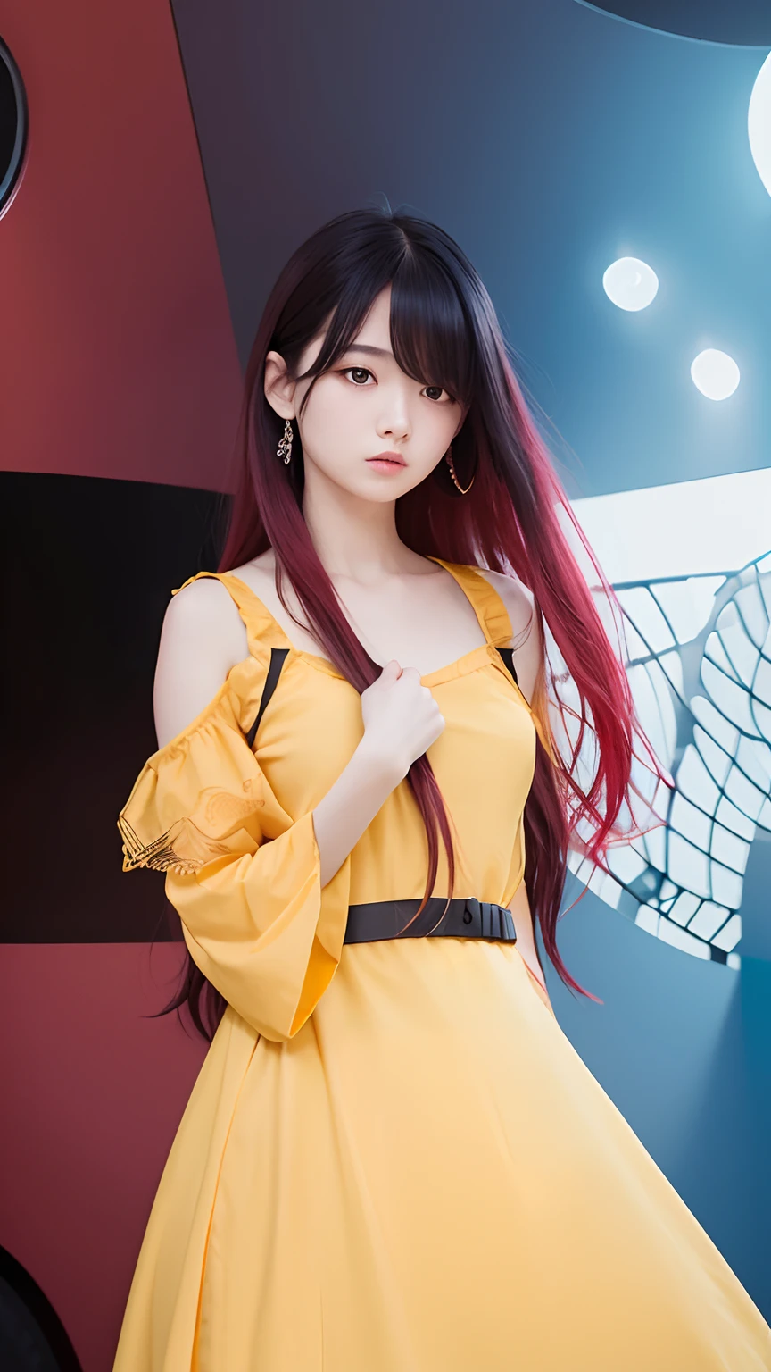 1girl, long hair, black and red hair, yellow dress, black eyes, realistic, ultra detail, 70mn lens