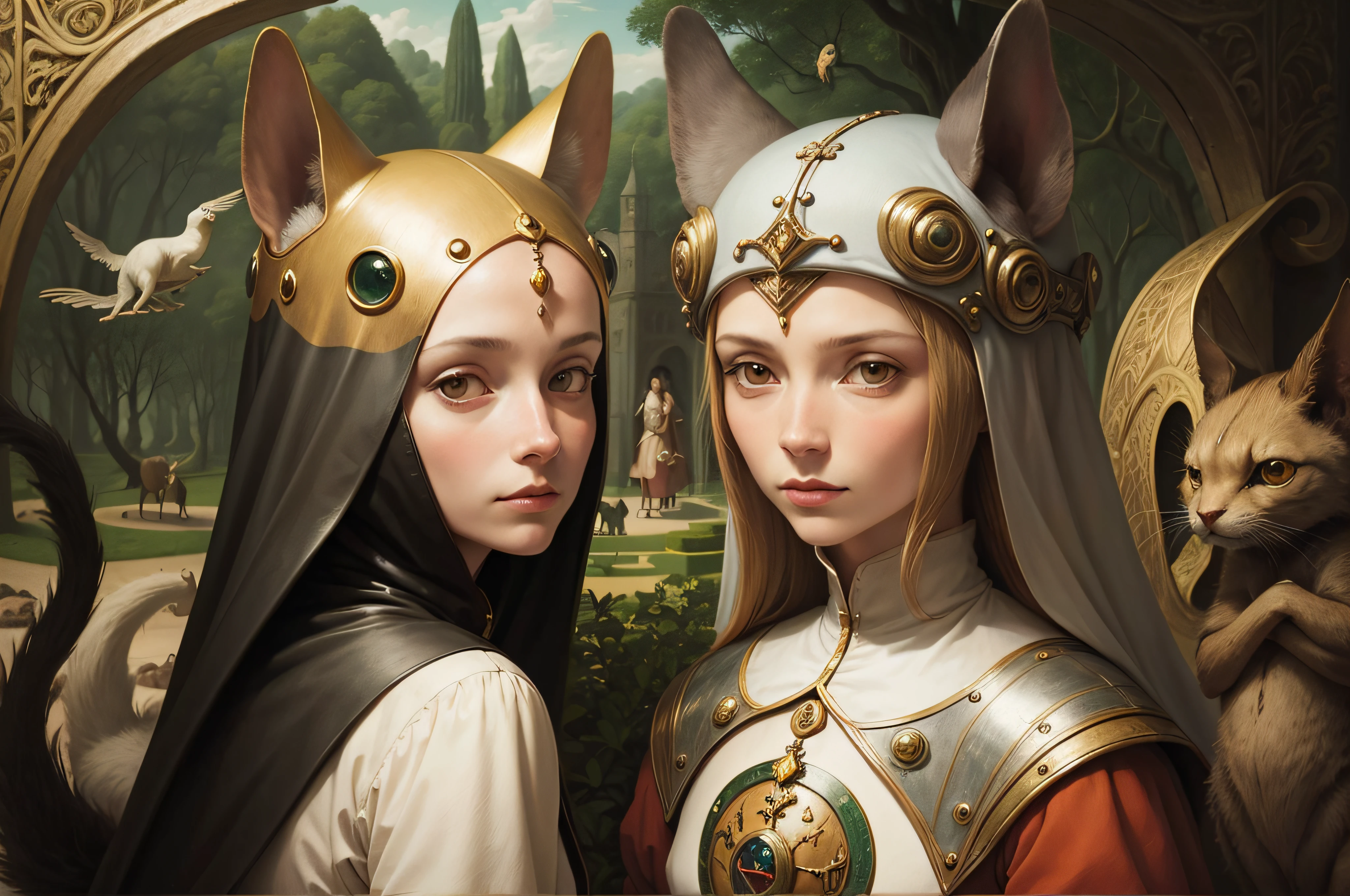 there are two women sitting on a bench with lion cubs, cyber steampunk 8k 3d, serge marshennikov, highly detailed 8k ❤️🔥 🔥 💀 🤖 🚀, she is dressed in shaman clothing, award winning 4k photography, mechanical implants, steampunk horse, artem demura, panoramic anamorphic, tom bagshaw and apterus sabbas --auto --s2