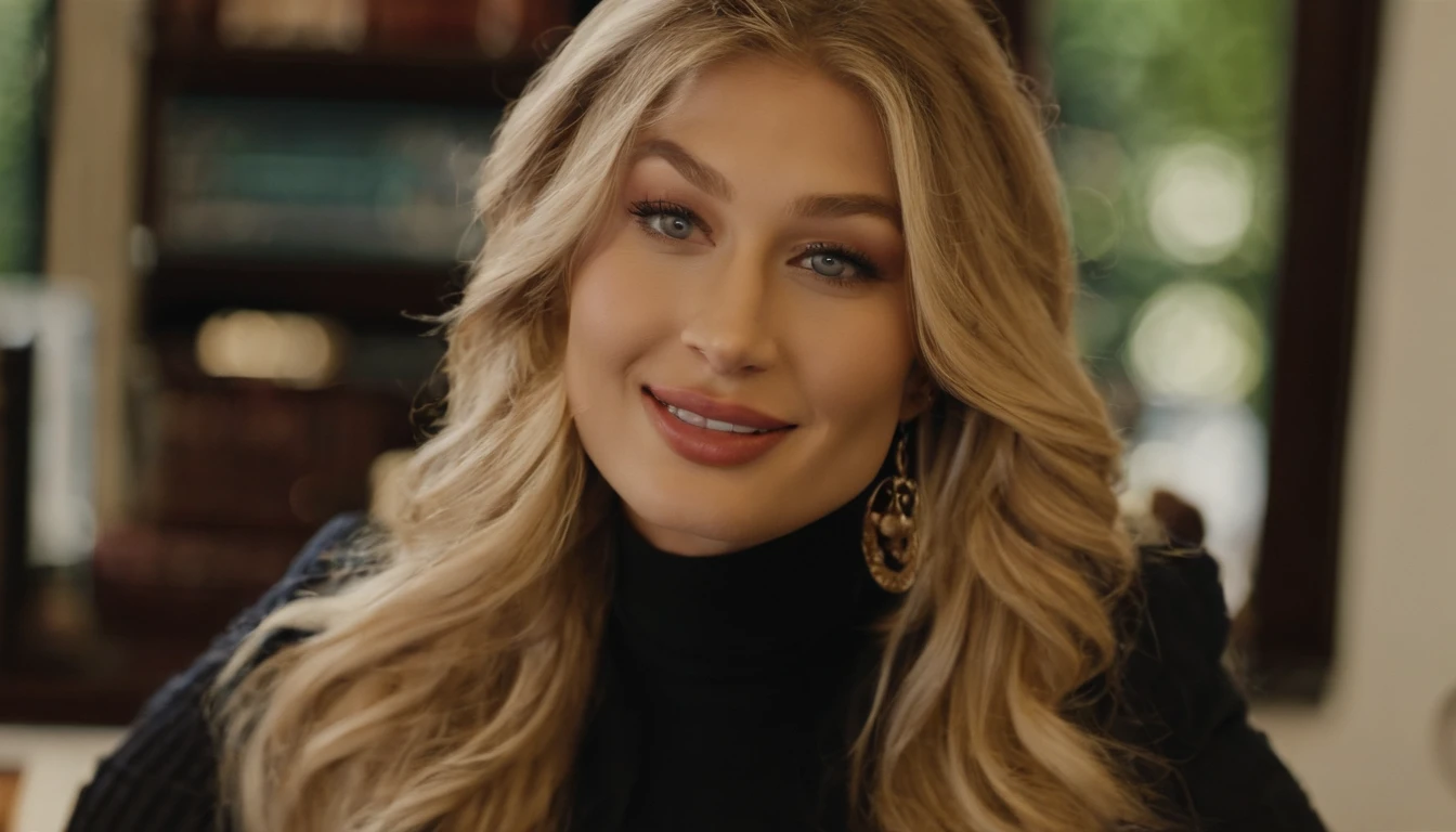 araffed Gigi Hadid with long blond hair and earrings sitting at a desk with a computer and a keyboard, looking at camera, , tattooed , as a youtuber, looking at viewer ,smiling, , a photo by Arthur Sarkissian, tumblr, renaissance, most beautiful woman on earth, attractive beautiful face, blonde hair and large eyes, flawless face, gorgeous attractive face, attractive female face!!!, with round face, extremely beautiful face, blonde and attractive features, breathtaking face, beautiful fine face features