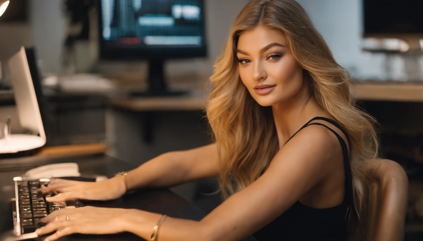 araffed Gigi Hadid with long blond hair and earrings sitting at a desk with a computer and a keyboard, looking at camera, , tattooed , as a youtuber, looking at viewer ,smiling, , a photo by Arthur Sarkissian, tumblr, renaissance, most beautiful woman on earth, attractive beautiful face, blonde hair and large eyes, flawless face, gorgeous attractive face, attractive female face!!!, with round face, extremely beautiful face, blonde and attractive features, breathtaking face, beautiful fine face features
