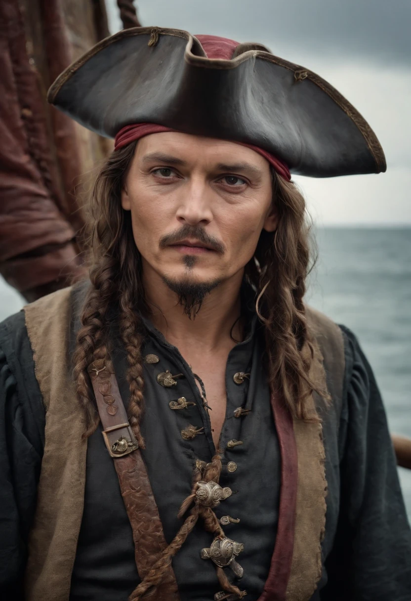 Johnny Depp，Wrap your headscarf，Comb a lot of small braids，Heavy makeup，Stand at the bow of the pirate ship，With a Mauser musket，Funny expressions，dark stormy clouds
