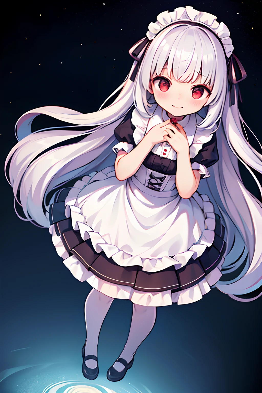 8K picture quality,silber hair,Red-eyed girl,cute little ,Long hair,Heartwarming,a miniskirt,ta,A smile,Thumbnail styles,maid clothes,fluffly,Looking down from above,full body Esbian,Embarrassed expression