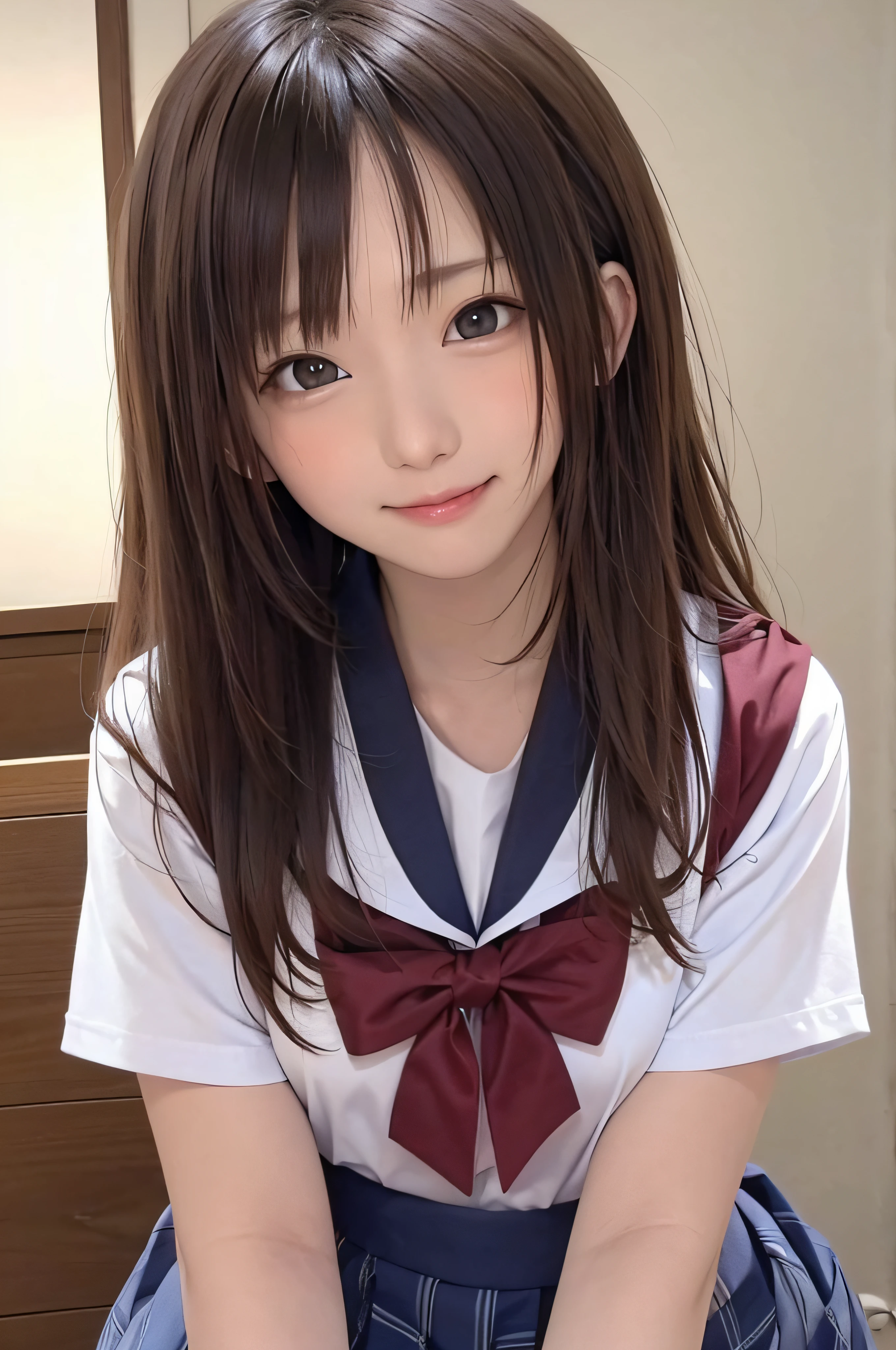 、brown hair、beautiful eyes、skin that looks real、high school girl、、(8K、masterpiece)、(realistic、Photoreal)、highest quality、very detailed、Super detailed、Beautiful woman、cute、Japanese、laughter、close-up portrait、Healthy face、school uniform、plaid skirt