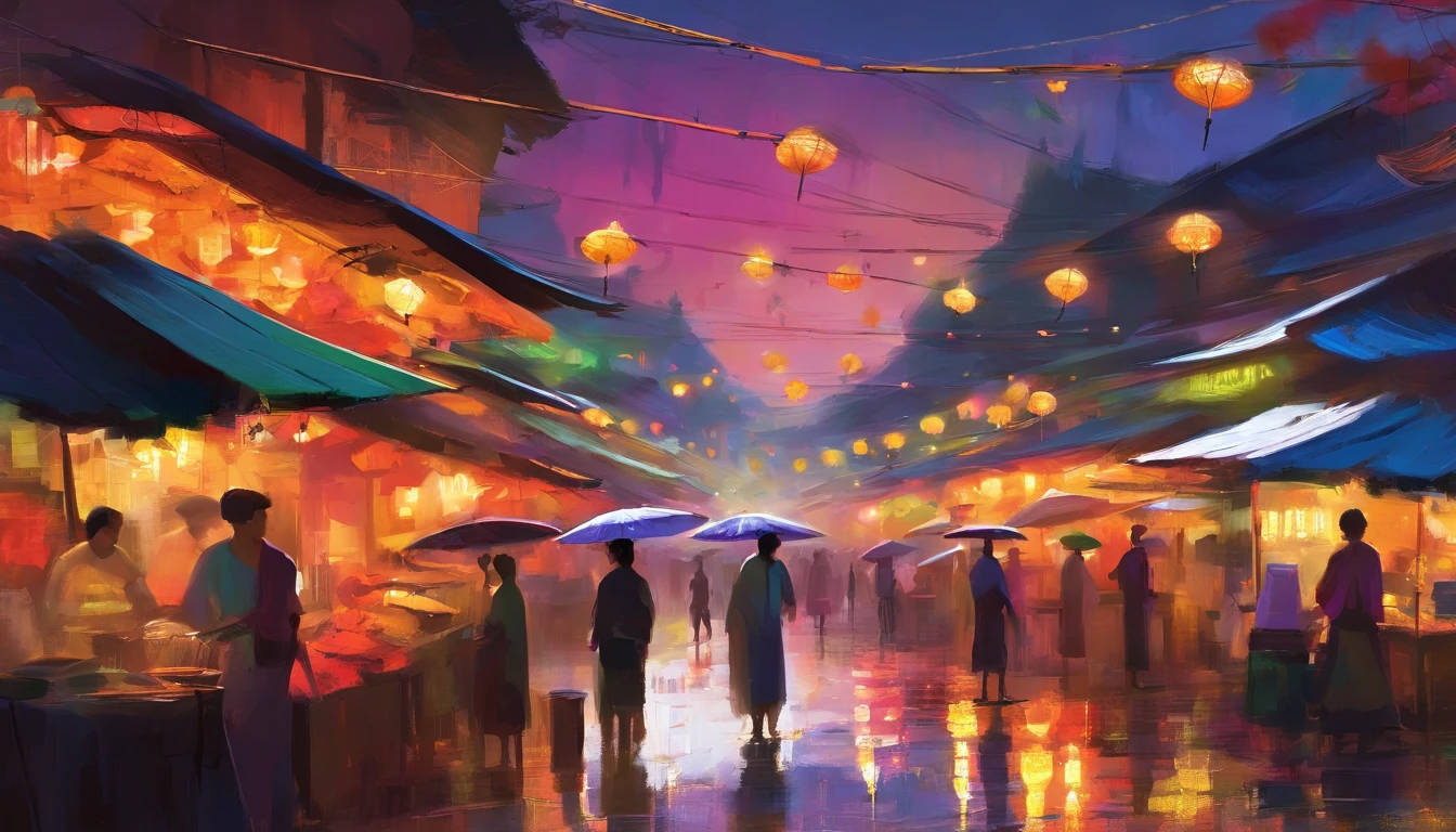 A night market from MYANMAR, RAINING SEASON, color full big umbrellas of night market, people are selling and buying, masterpiece  oil painting, impasto painting.