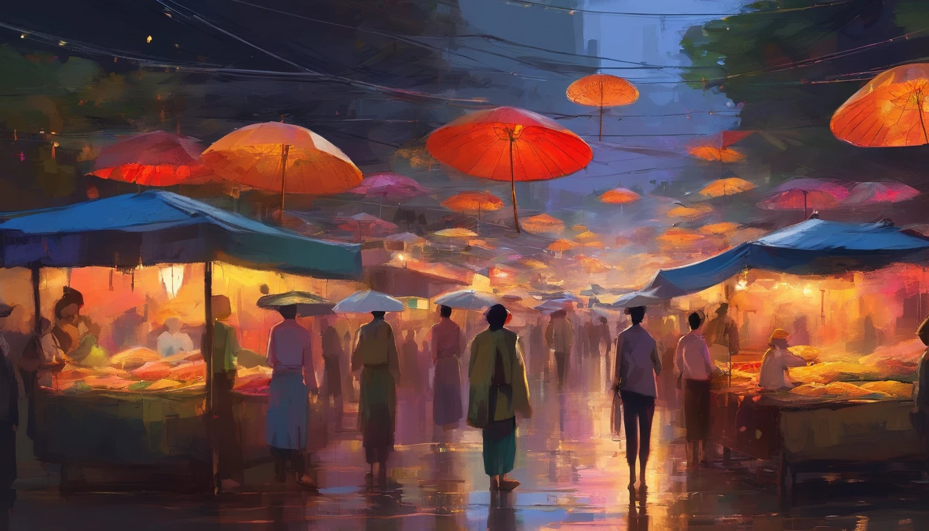 A night market from MYANMAR, RAINING SEASON, color full big umbrellas of night market, people are selling and buying, masterpiece oil painting, impasto painting.