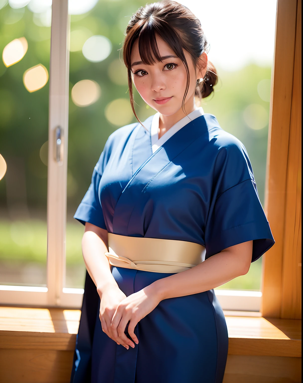 Best Quality, 超A high resolution, (Photorealistic:1.4), Raw photo, (upper waist:1.4), (Bokeh:1.7),(Window light only:1.6), (in bright japanese-style room:1.5),(Bright:1.5)
1日本人の女の子, (Solo), (Smile:1.2,Open mouth:0.7), (dark brown eyes), Natural Skin, (brown updo hair,Bangs),Standing
(blue silk kimono),(Obi)