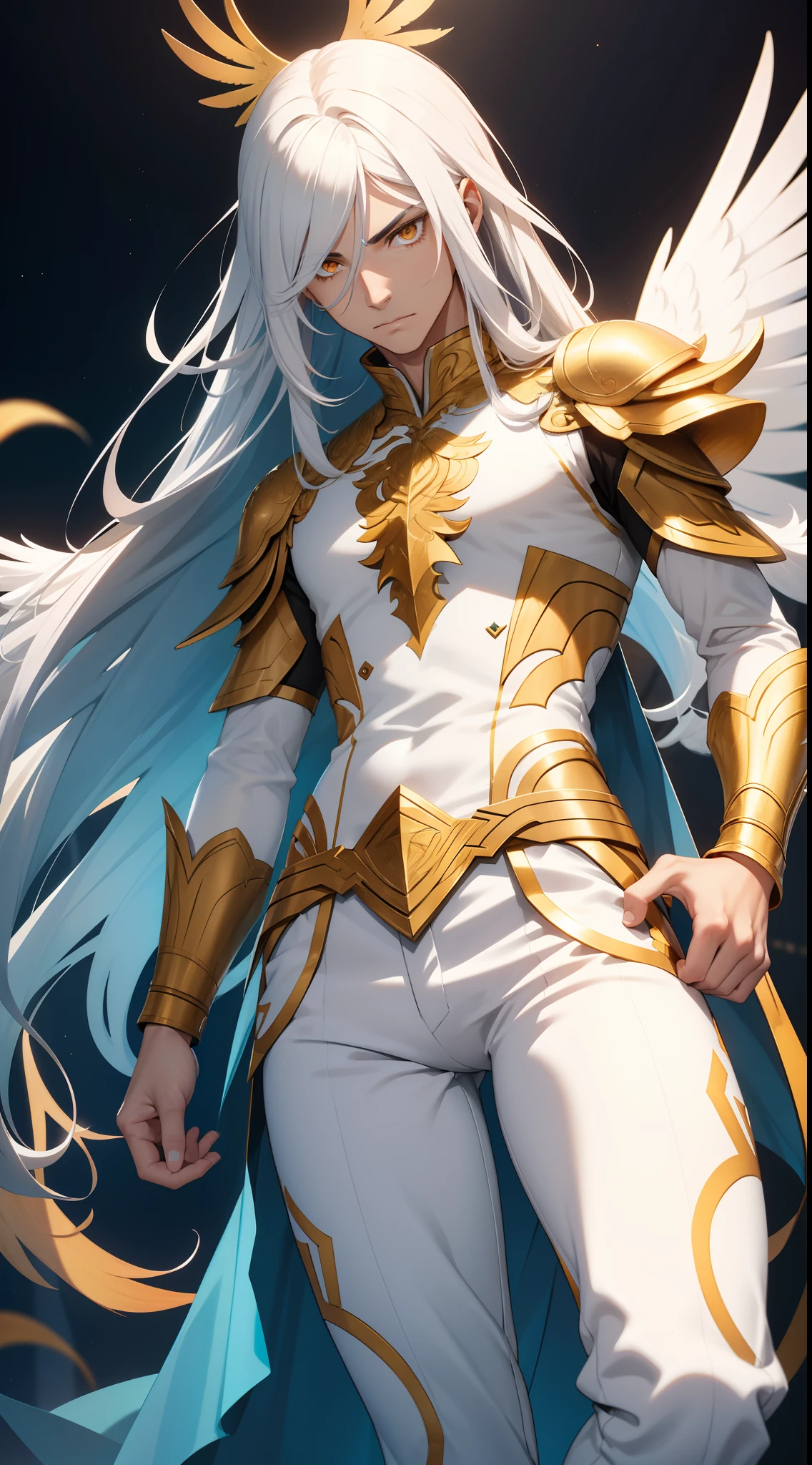 Tall guy, Long silver hair, Orange Eyes, white tight top, Blue Pants, Gold Elements, feathers, one wing, anger, 4k, HD, Good detail