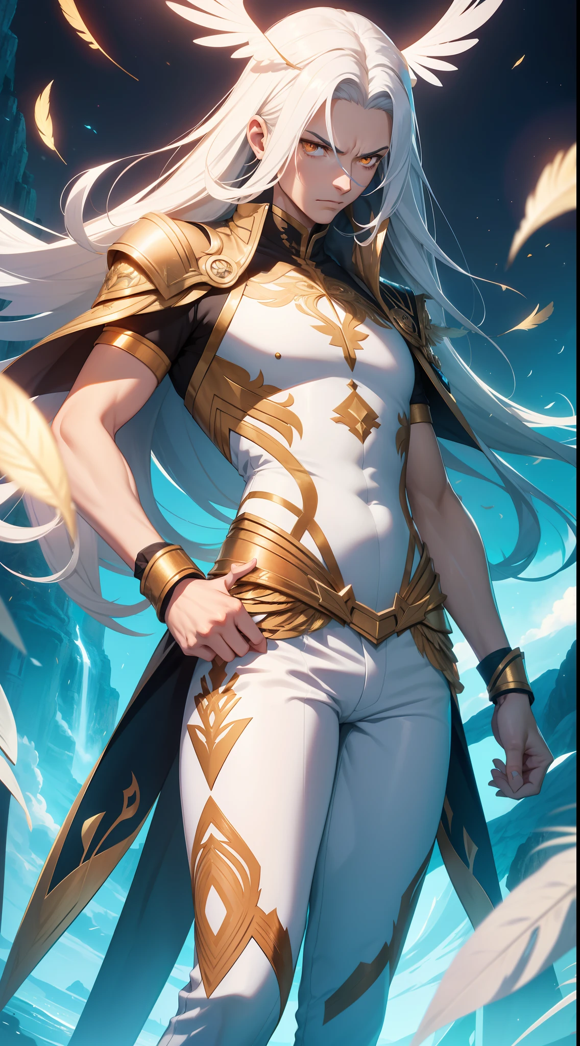 Tall guy, Long silver hair, Orange Eyes, white tight top, Blue Pants, Gold Elements, feathers, one wing, anger, 4k, HD, Good detail