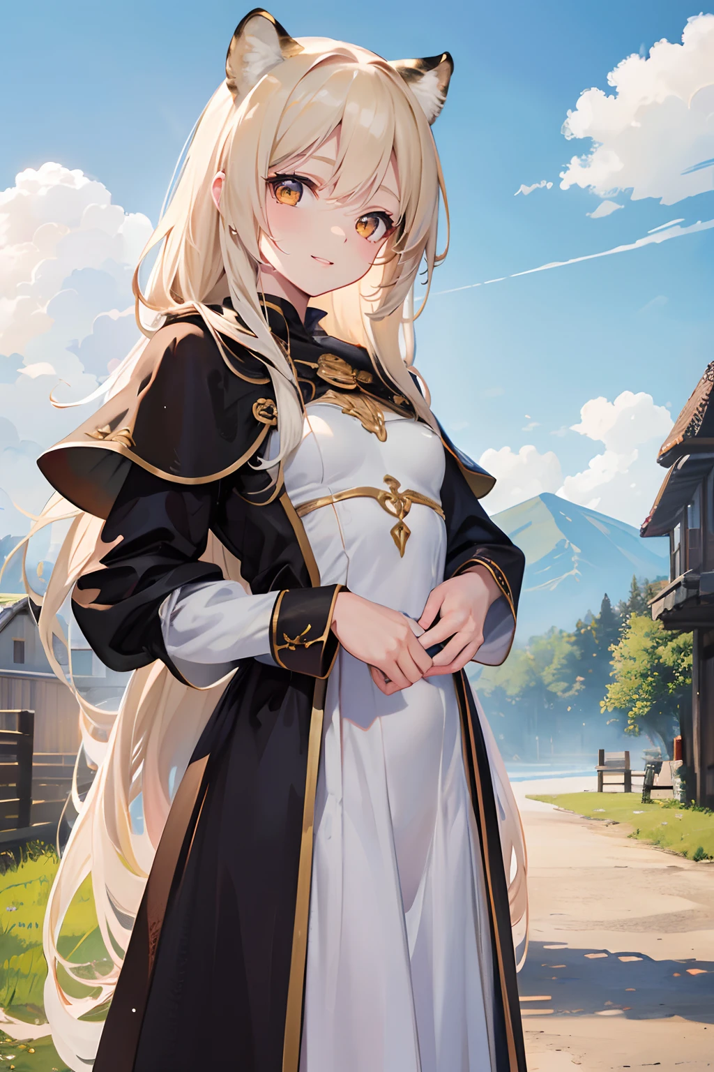 (best quality, 4k, 8k, highres, masterpiece: 1.2), ultra-detailed, (realistic, photorealistic, photo-realistic: 1.37), beautiful detailed eyes, beautiful detailed lips, 1 girl, loli g white skin, thin build, floor length hair, straight hair, blond hair, yellow eyes, tiger ears, very small breasts, smile, village, brown cape, clouds, summer
