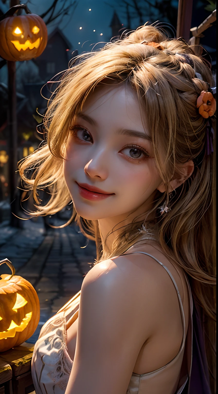 (masterpiece、top-quality、top-quality、Beautifully Aesthetic:1.2)、(((Girl in cute glowing jack lantern head)))、((I can't see the girl's face))、halloween night、ighly detailed、colourfull、highestdetailed, blonde long hair, midshot, centered image, ultra detail, extremely face detail, extremely eye detail, pretty smile, gorgeous