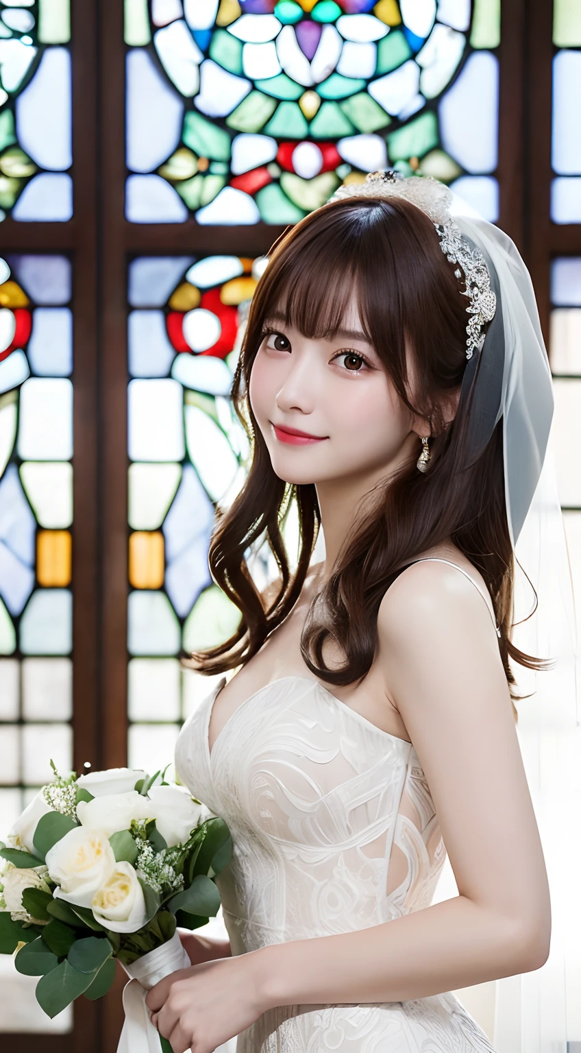 Tabletop, highest quality, figure, Very detailed, In detail, High resolution, 8k wallpaper, Perfect dynamic composition, Beautiful fine details, Wedding dress,Medium Hair, Center of chest, Natural color lip, Random sexy poses,smile,Chapel，White roses bouquet，