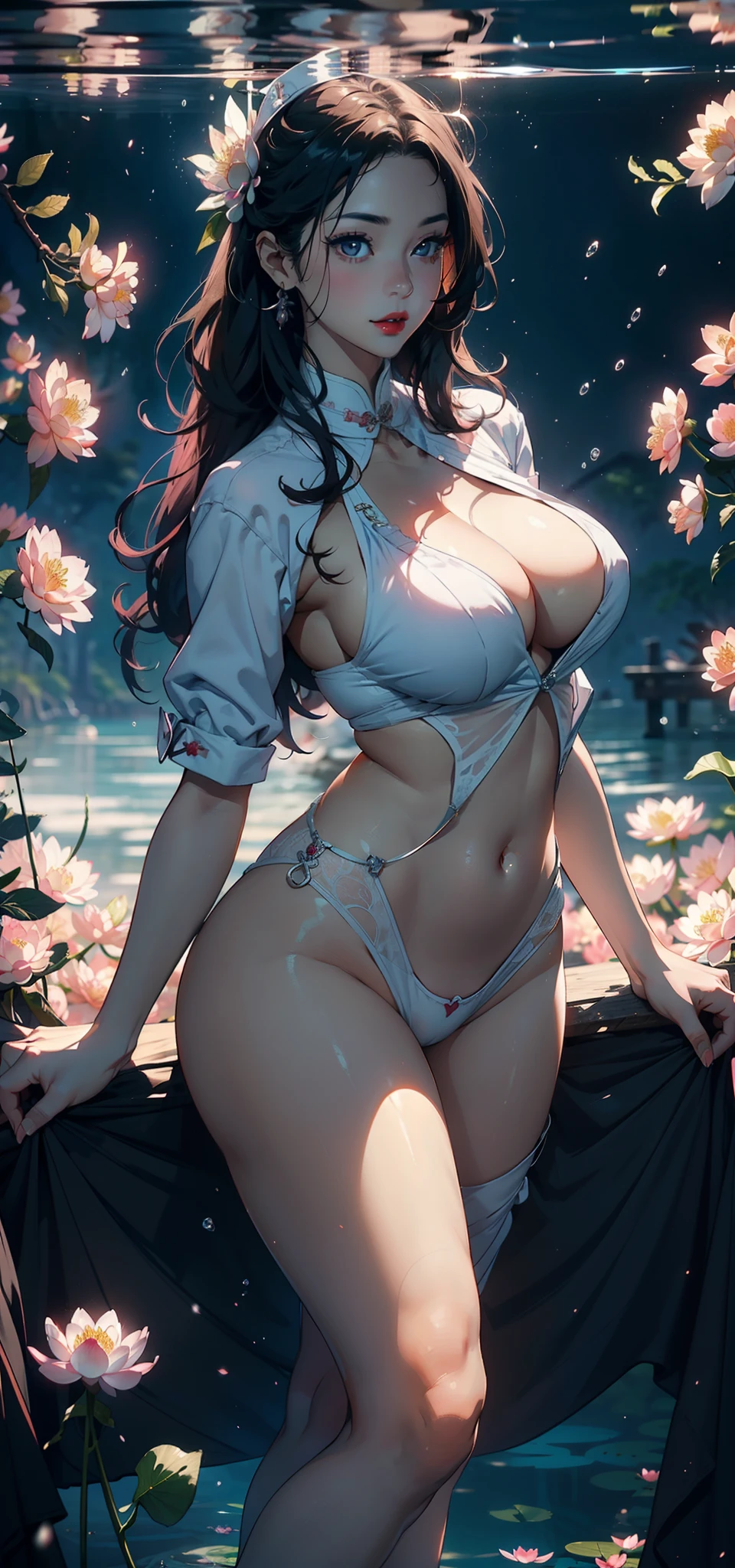 1female，35yo，A MILF，熟妇，Married Woman，plumw，extremely large bosom， 独奏，（Background with：lakes，Cherry blossom forest，lotus flower）Lie underwater， She has long pink hair，standing on your feet，seen from the front，， mostly cloudy sky，（（（tmasterpiece），（Very detailed CG unity 8K wallpaper），best qualtiy，cinmatic lighting，detailed back ground，beatiful detailed eyes，Bright pupils，Black eyes，Snow-whiteskin，Redlip（Very fine and beautiful），（Beautiful and detailed eye description），ultra - detailed，tmasterpiece，））facing at camera，A high resolution，ultra - detailed），revealing breasts，Bare genitalia，  Bulge，legs are open，Raised sexy，Camel toes，Flushed complexion，Desire for dissatisfaction，ssmile，frontage，（Wearing：Nurse's uniform）