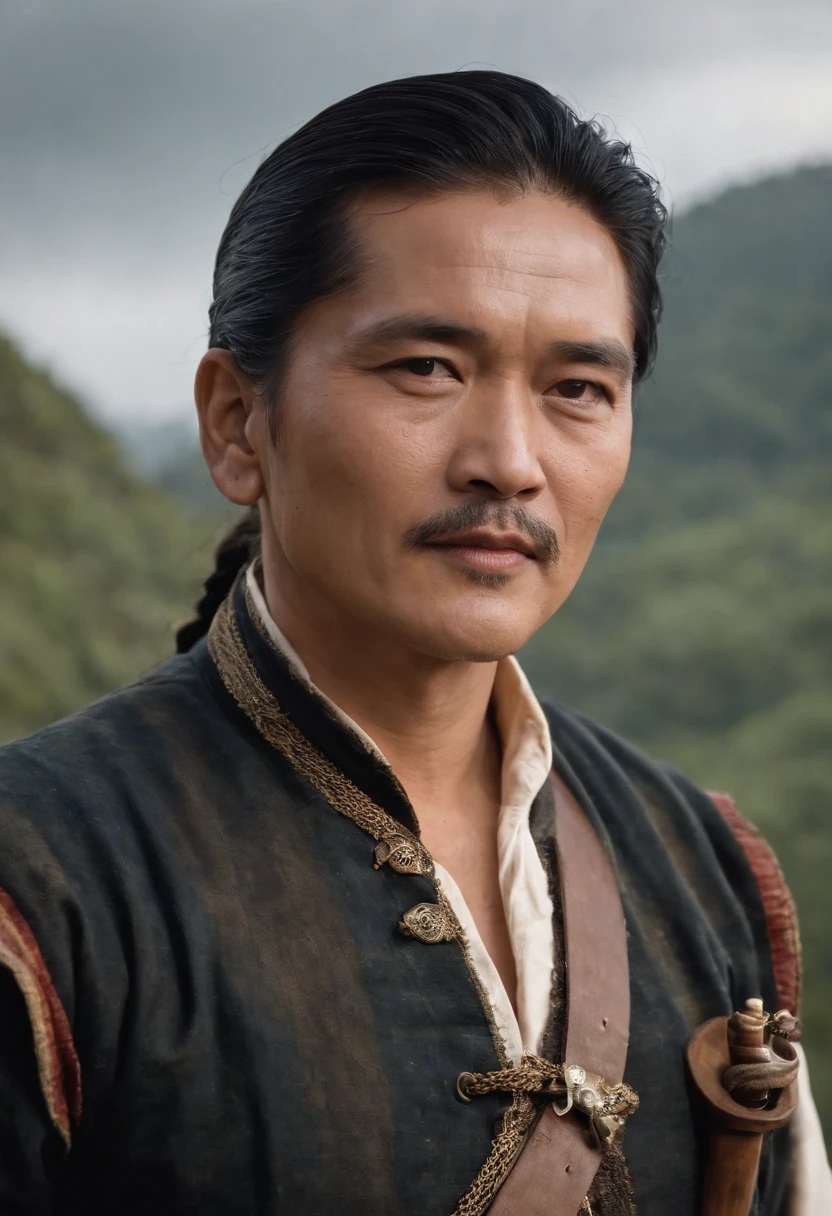 Chow Yun Fat，Wrap up your bandana，Comb a lot of small braids，Heavy makeup，Stand at the bow of the pirate ship，With Mauser rifles，Funny expressions，dark stormy clouds