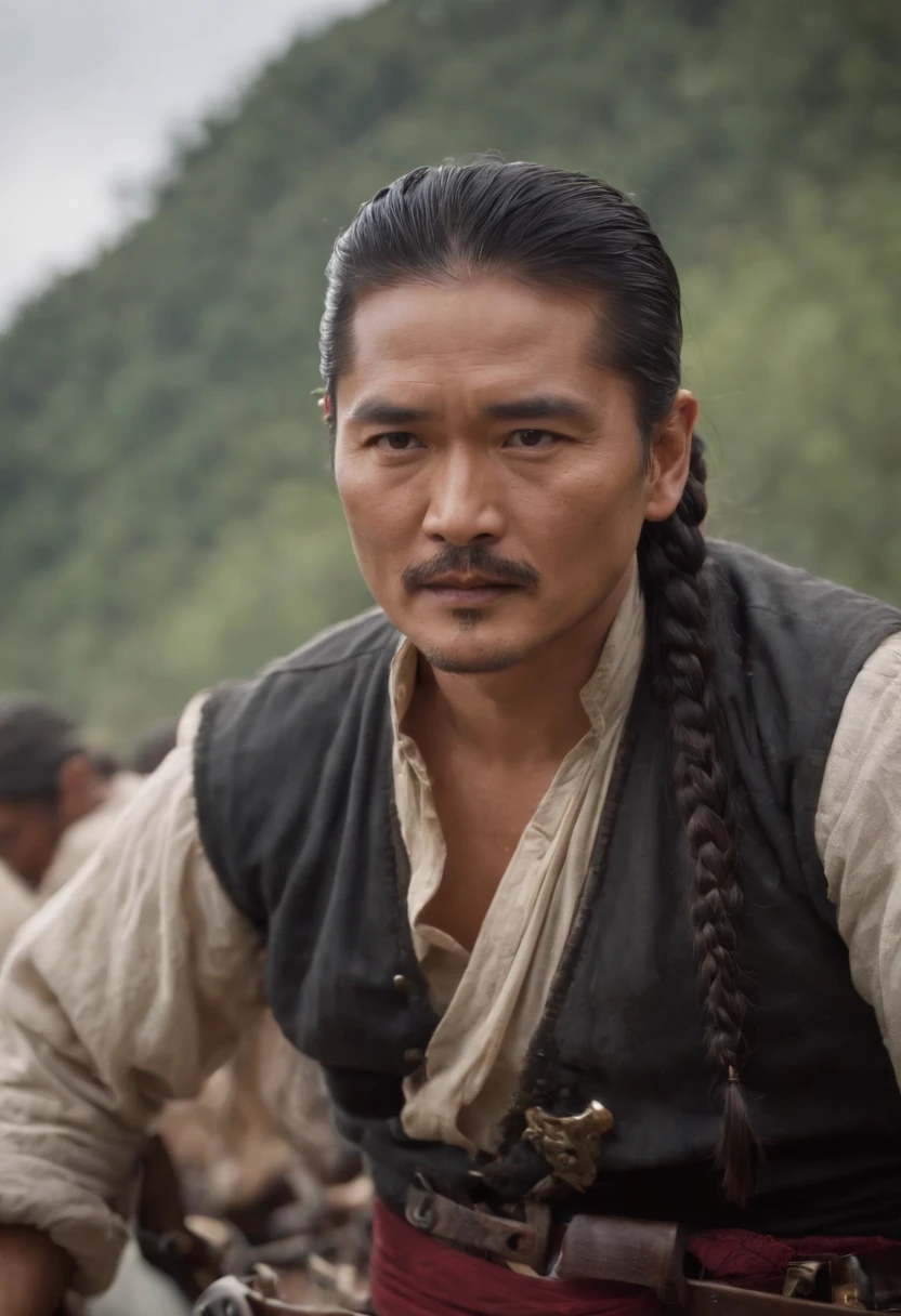 Chow Yun Fat，Wrap up your bandana，Comb a lot of small braids，Heavy makeup，Stand at the bow of the pirate ship，With Mauser rifles，Funny expressions，dark stormy clouds