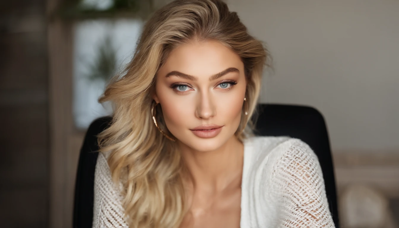 araffed Gigi Hadid with long blond hair and earrings sitting at a desk with a computer and a keyboard, looking at camera, , tattooed , as a youtuber, looking at viewer ,smiling, , a photo by Arthur Sarkissian, tumblr, renaissance, most beautiful woman on earth, attractive beautiful face, blonde hair and large eyes, flawless face, gorgeous attractive face, attractive female face!!!, with round face, extremely beautiful face, blonde and attractive features, breathtaking face, beautiful fine face features, cinematic lens, wearing white Knitted Sleeveless Tank Tops, photorealistic fujifilm , detailed face , detailed eyes , focus on eyes .
