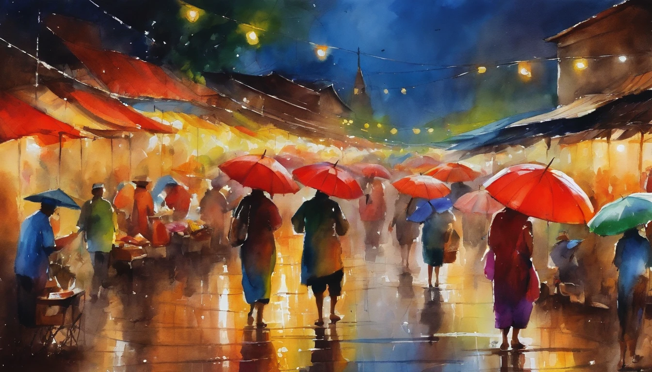 A night market from MYANMAR, RAINING SEASON, color full big umbrellas of night market, people are selling and buying, masterpiece water color art